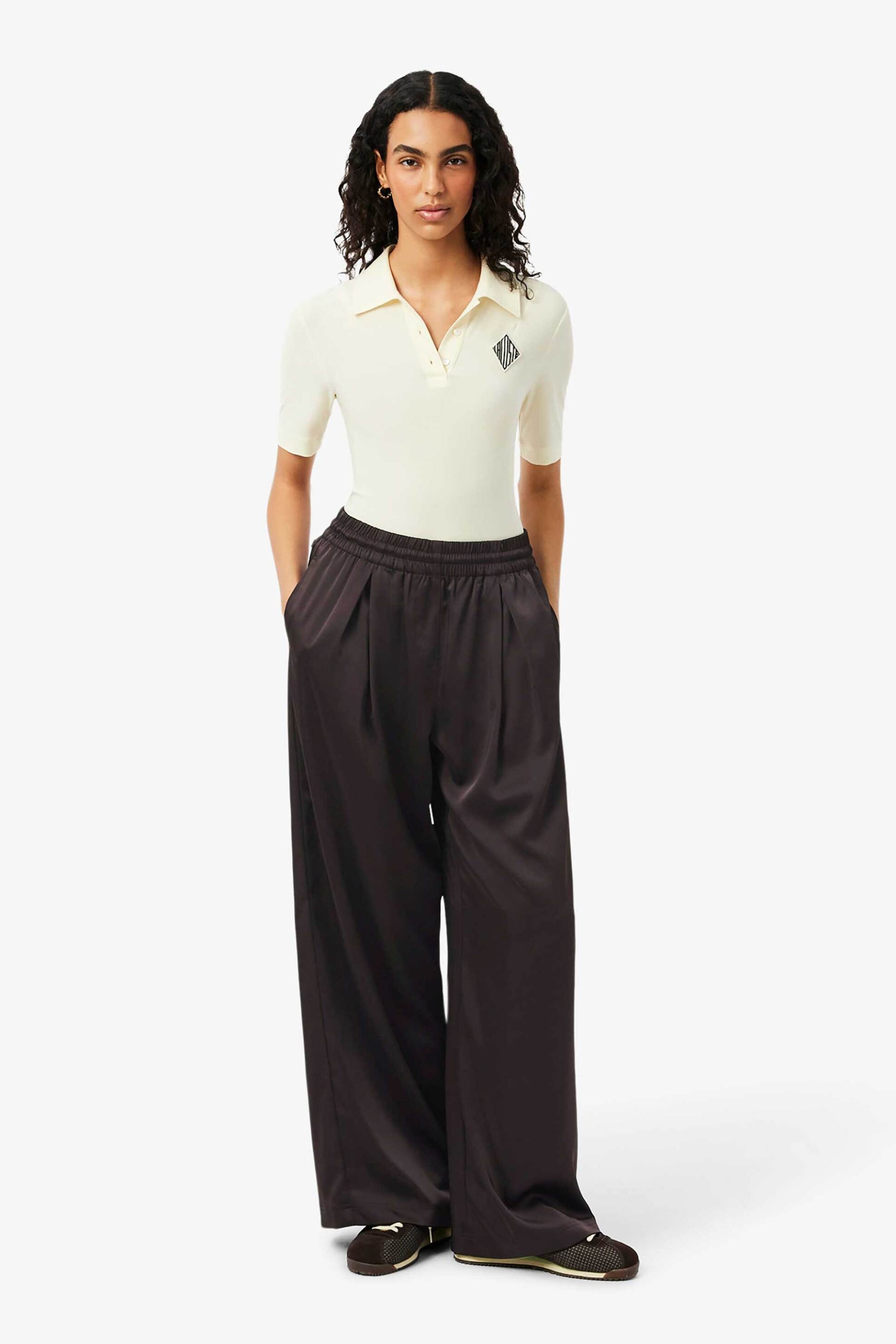 Lacoste Lacoste γυναικείο παντελόνι με σατέν όψη και ελαστική μέση Oversized Fit - HF9801 Καφέ Σκούρο