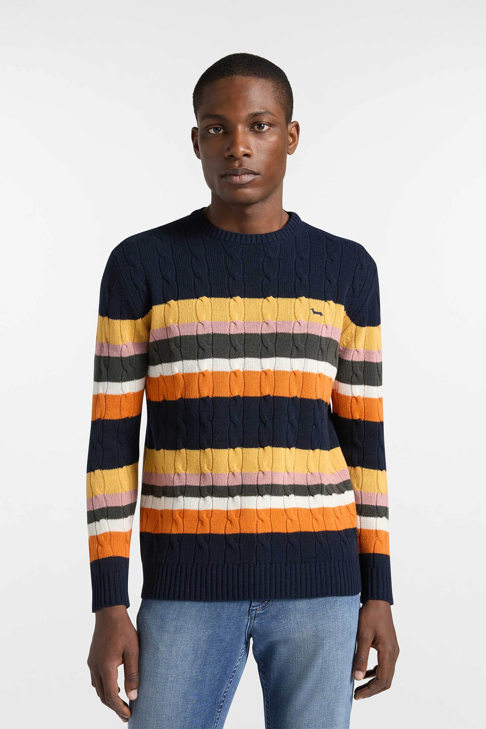 HARMONT & BLAINE Harmont & Blaine ανδρικό μάλλινο πουλόβερ με κασμίρι, cable knit pattern και κεντημένο λογότυπο Regular Fit - HRP818030281 Μπλε Σκούρο