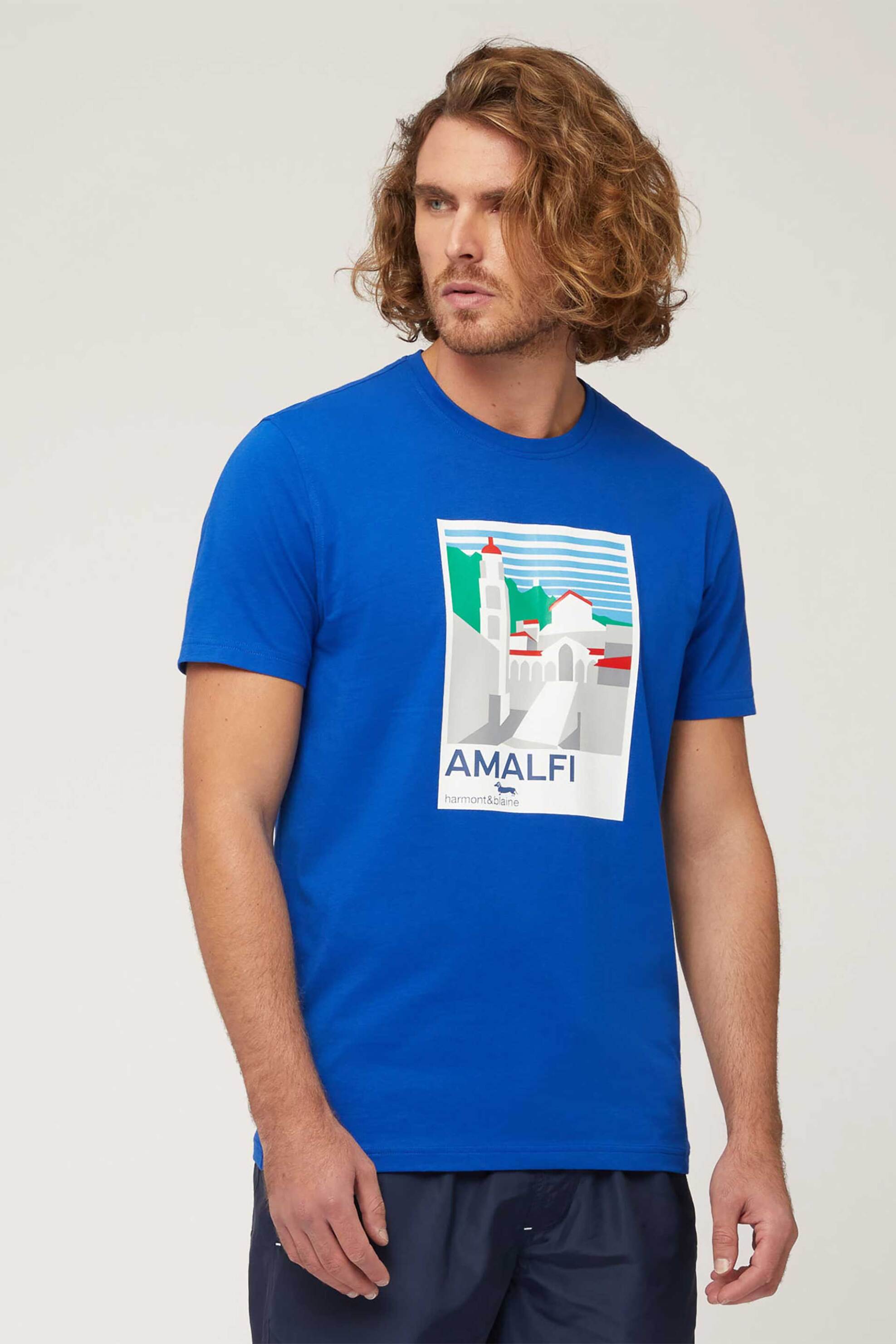 Ανδρική Μόδα > Ανδρικά Ρούχα > Ανδρικές Μπλούζες > Ανδρικά T-Shirts Harmont & Blaine ανδρικό T-shirt με λογότυπο "Amalfi Coast" - IRL233021055 Μπλε