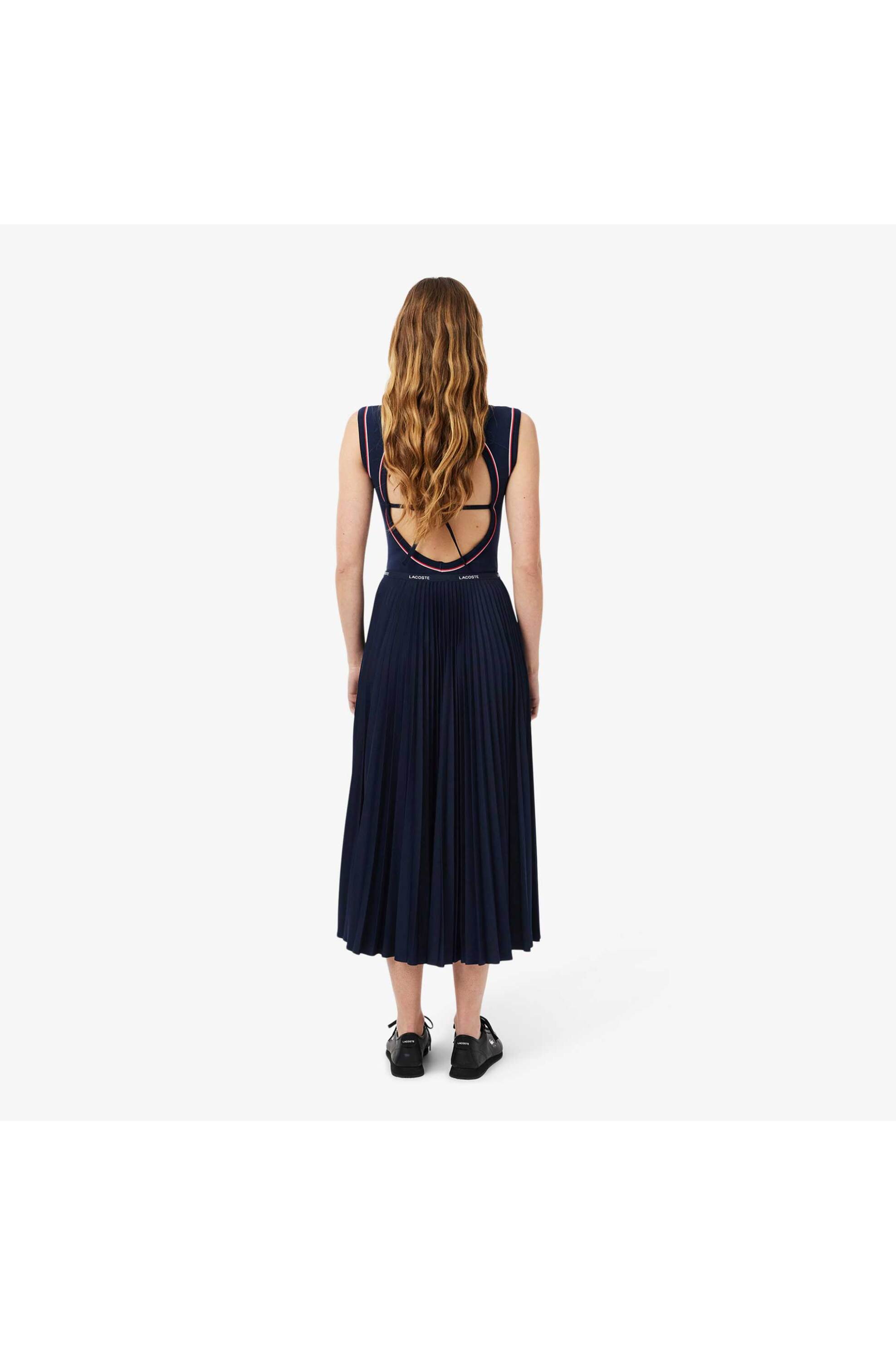 Lacoste Γυναικεία Midi Φούστα Πλισέ με Ελαστική Μέση Και Logo Tape - Jf1402-00 Μπλε Σκούρο