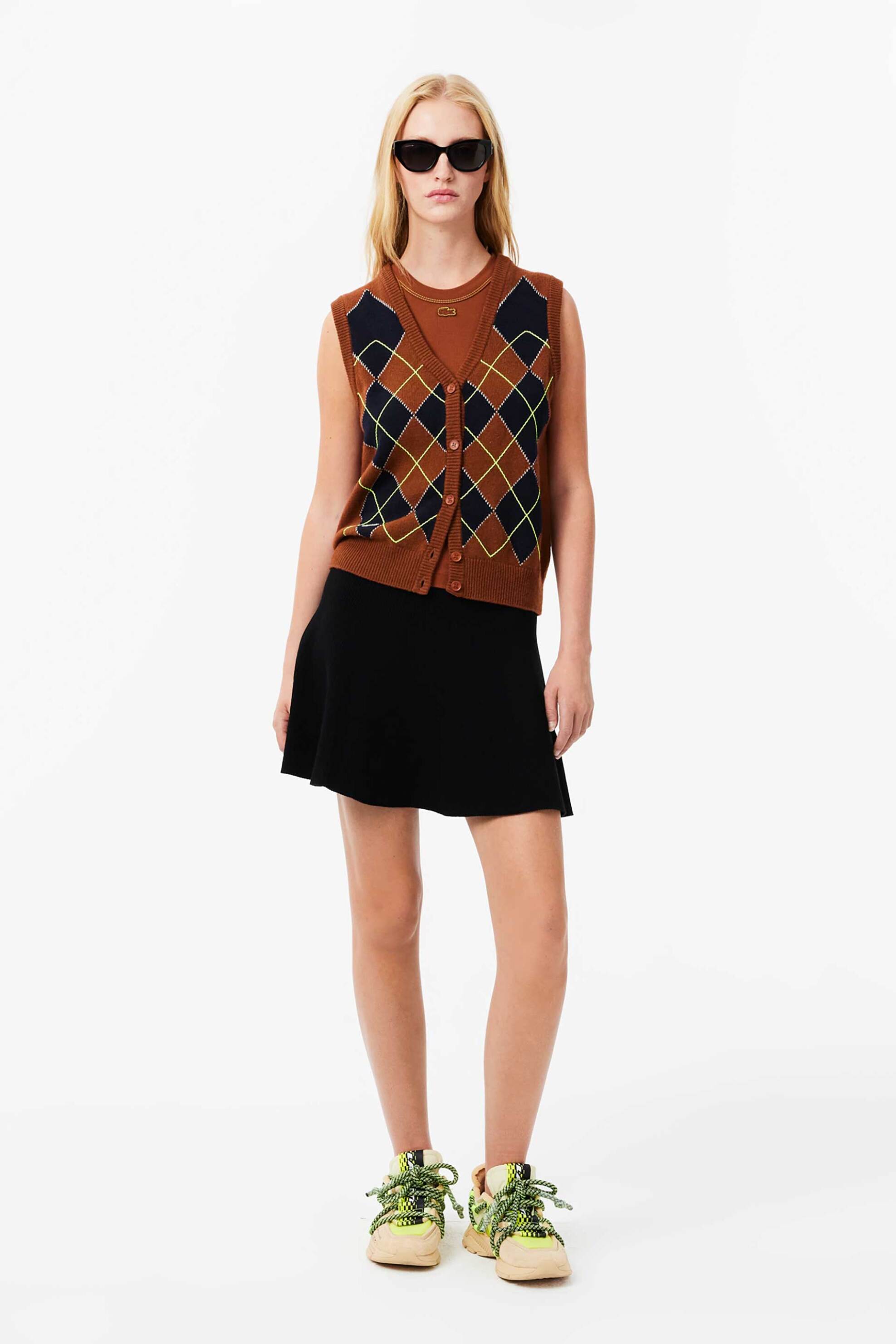 Lacoste γυναικεία πλεκτή mini φούστα ribbed με κεντημένο λογότυπο Flared Cut - JF2540-00 Μαύρο