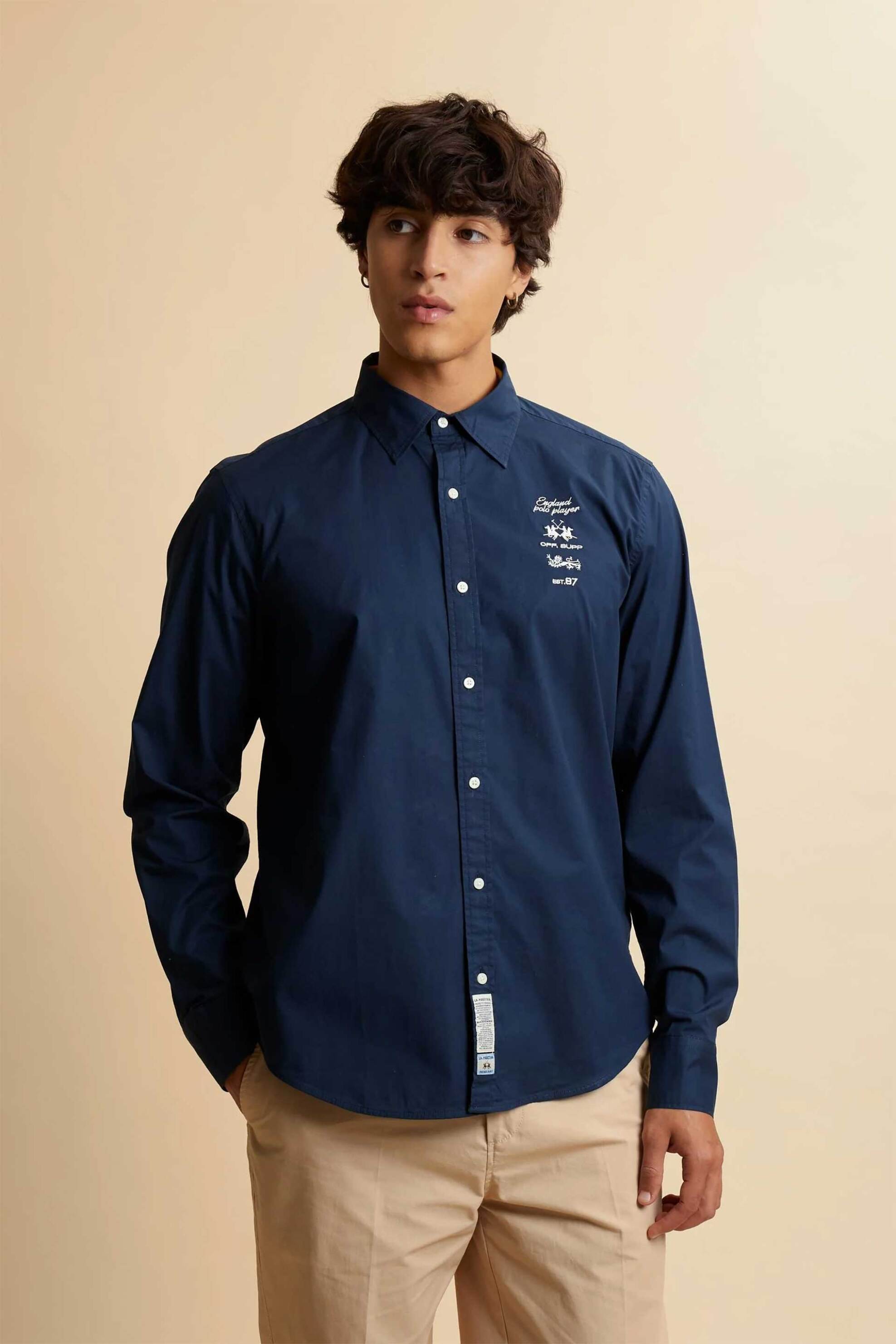 La Martina ανδρικό πουκάμισο poplin με λογότυπο Regular Fit "Cnut" - MCC600-PP483 Μπλε Σκούρο