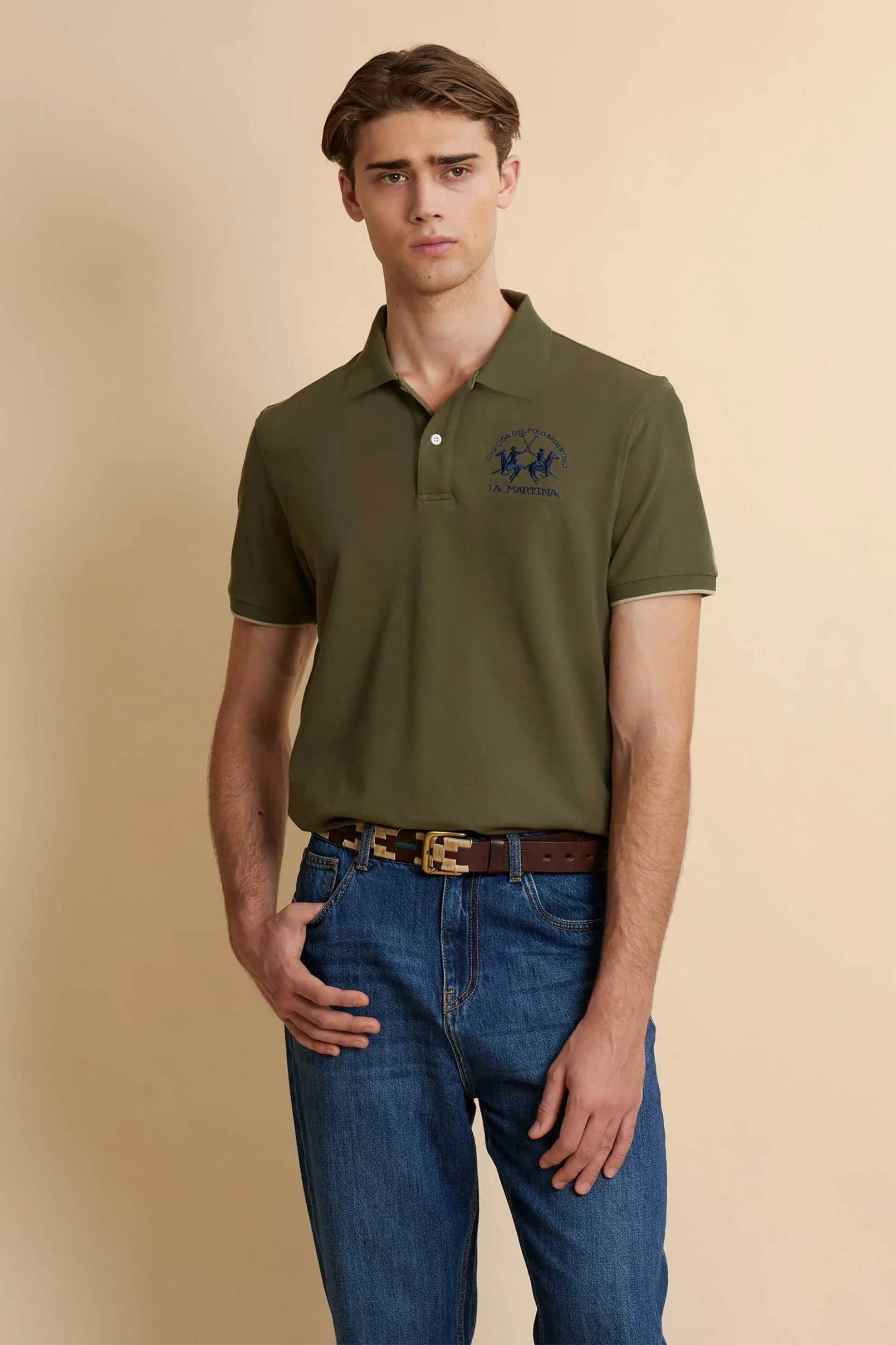 La Martina ανδρική μπλούζα πόλο πικέ με κεντημένο λογότυπο Regular Fit "Miguel" - MCP001-PK001 Χακί