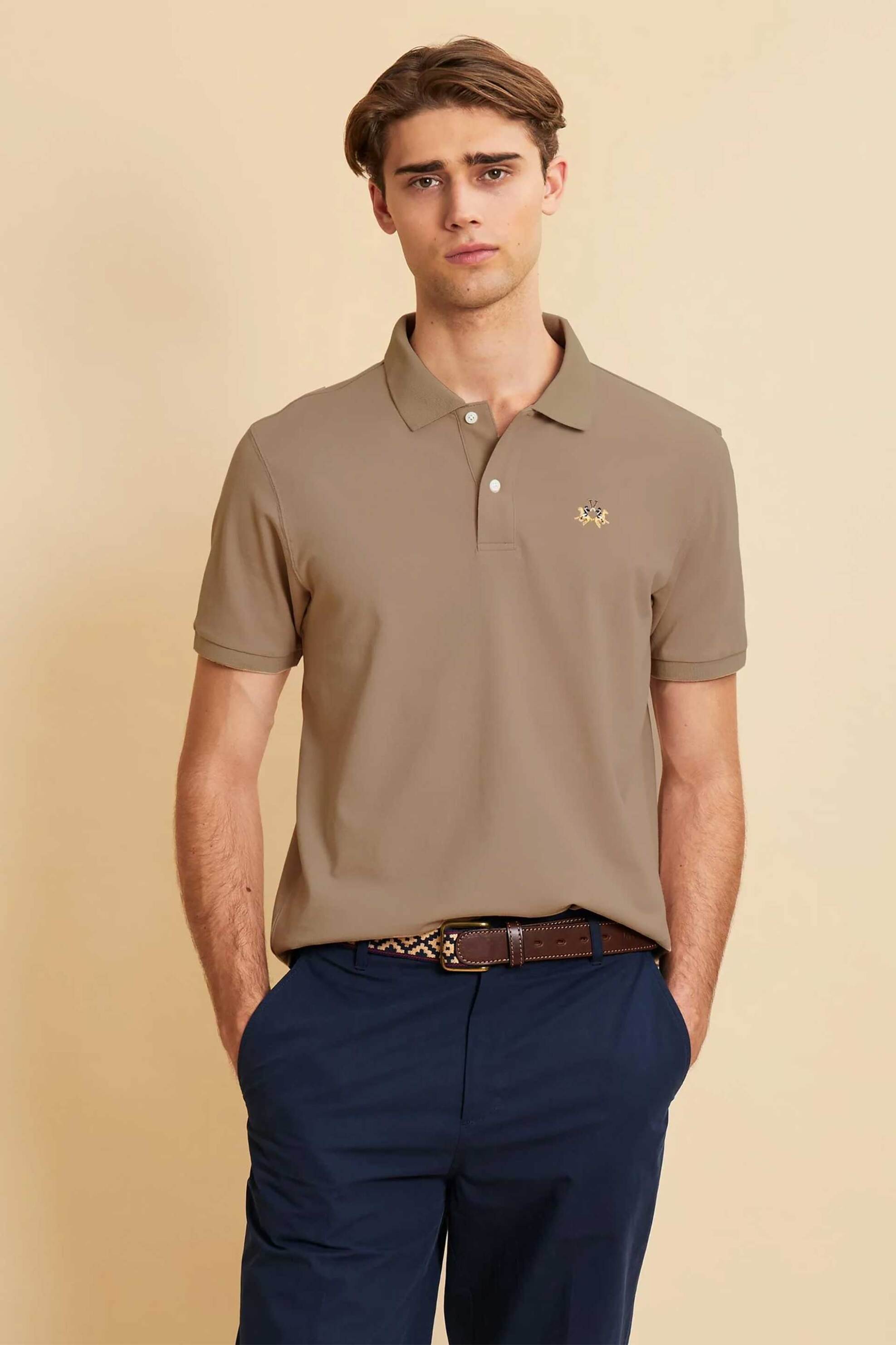 La Martina ανδρική μπλούζα πόλο πικέ με κεντημένο λογότυπο Regular Fit "Eduardo" - MCP002-PK001 Μπεζ