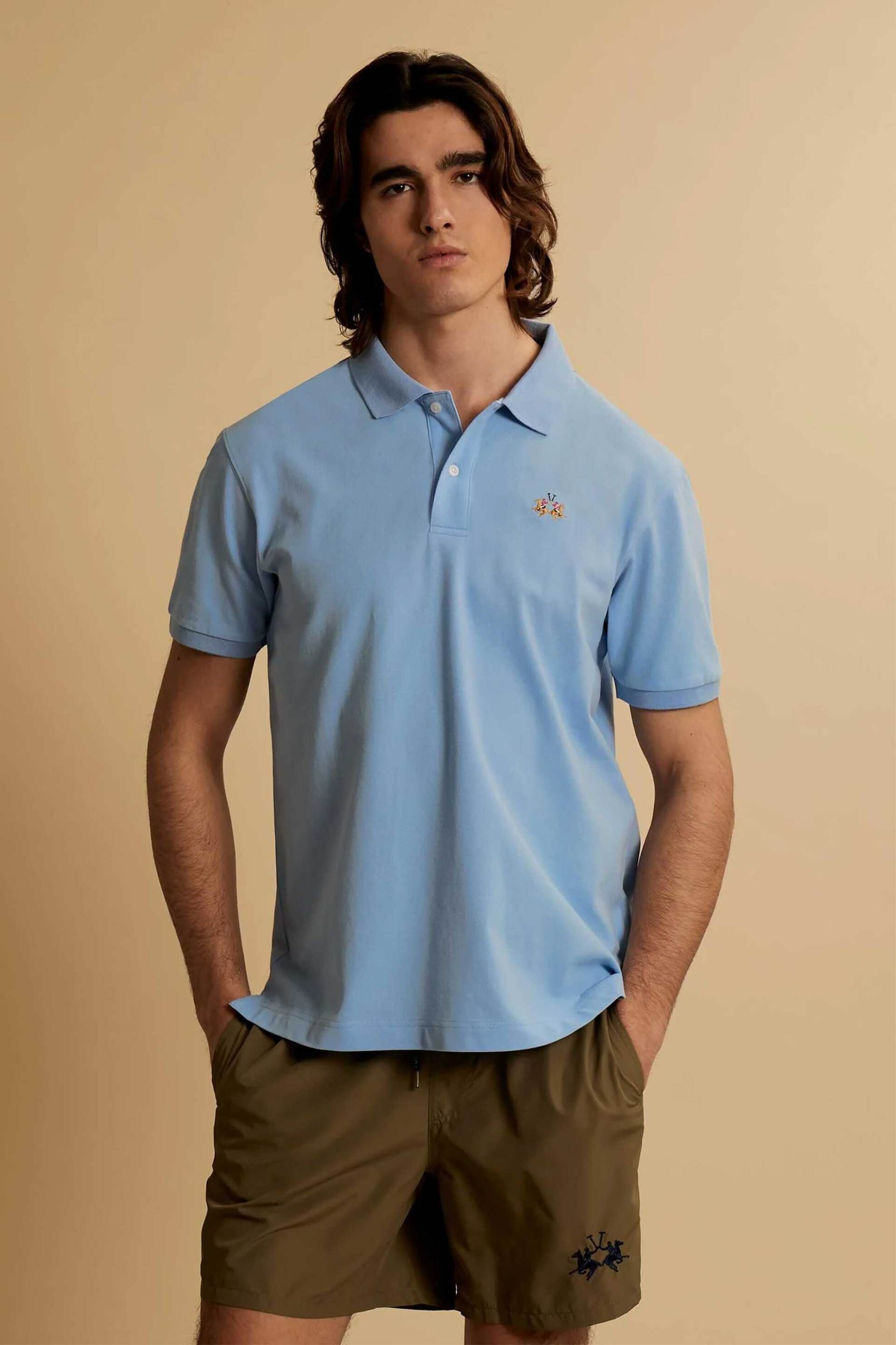 La Martina ανδρική μπλούζα πόλο πικέ με κεντημένο λογότυπο Regular Fit "Eduardo" - MCP002-PK001 Μπλε Ανοιχτό