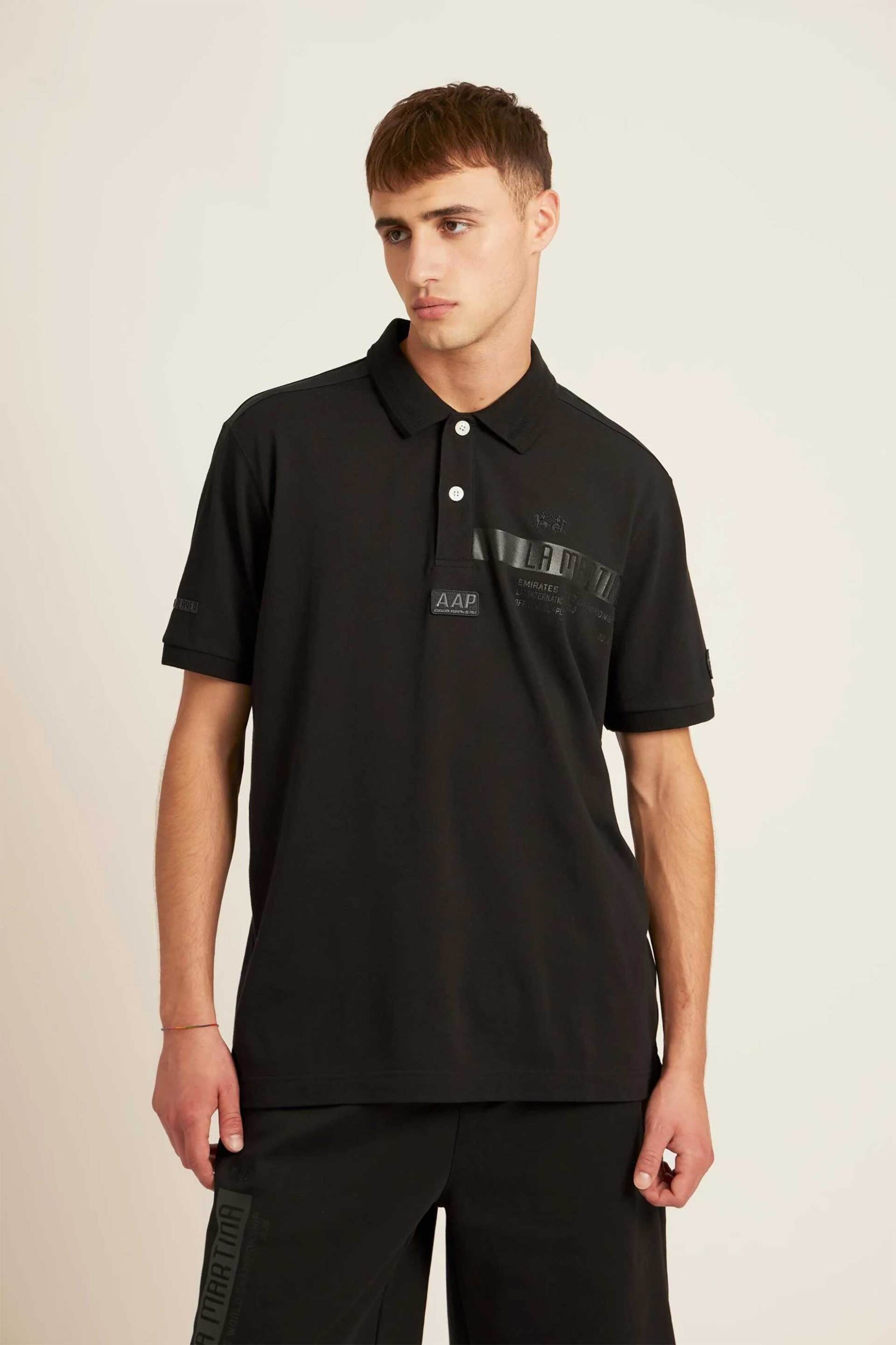 La Martina ανδρική μπλούζα πόλο πικέ με λογότυπο μπροστά και πίσω Regular Fit "Collin" - MCP321-PK001 Μαύρο