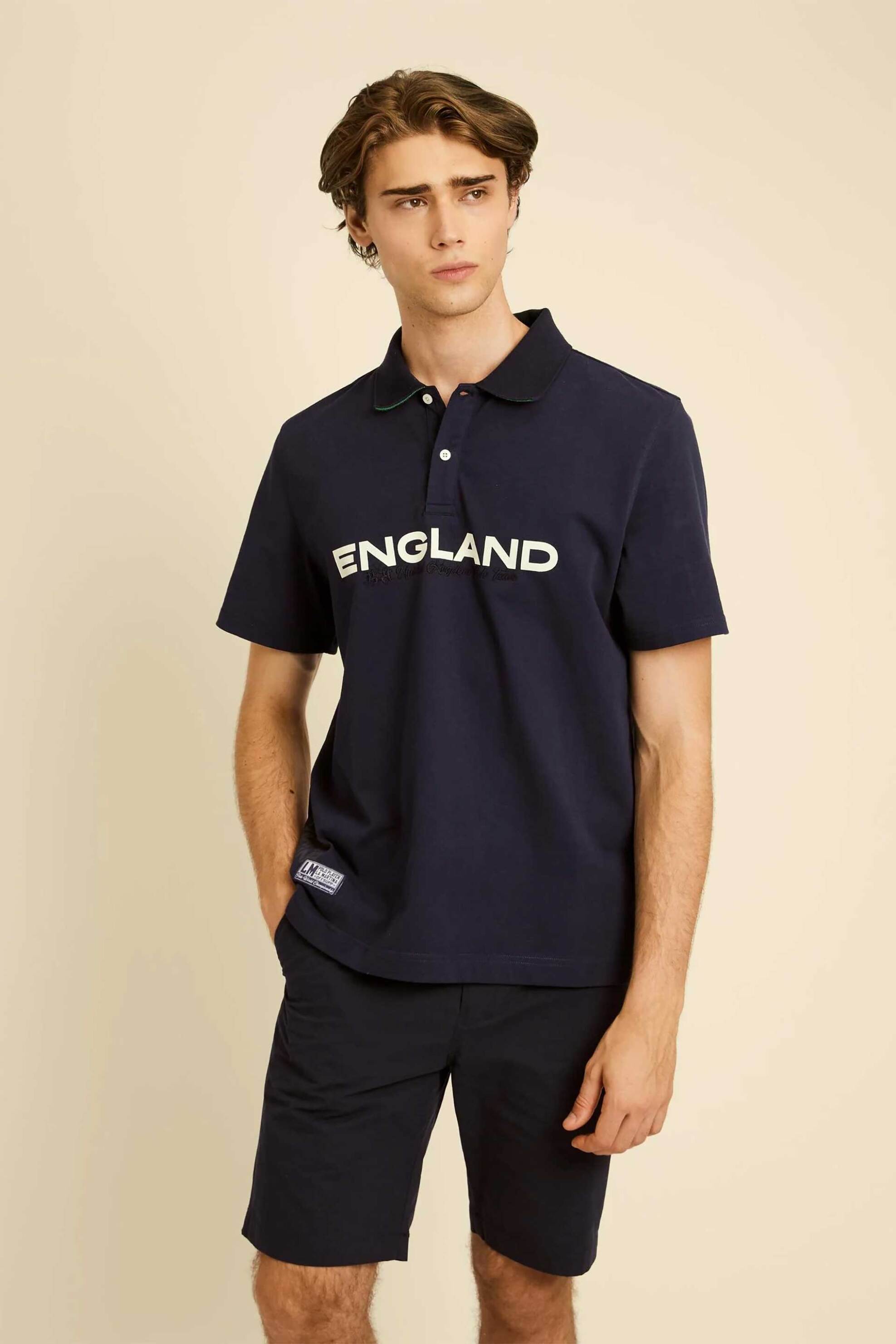 La Martina ανδρική μπλούζα πόλο πικέ με England print Regular Fit "Cosmo" - MCP605-JS303 Μπλε Σκούρο