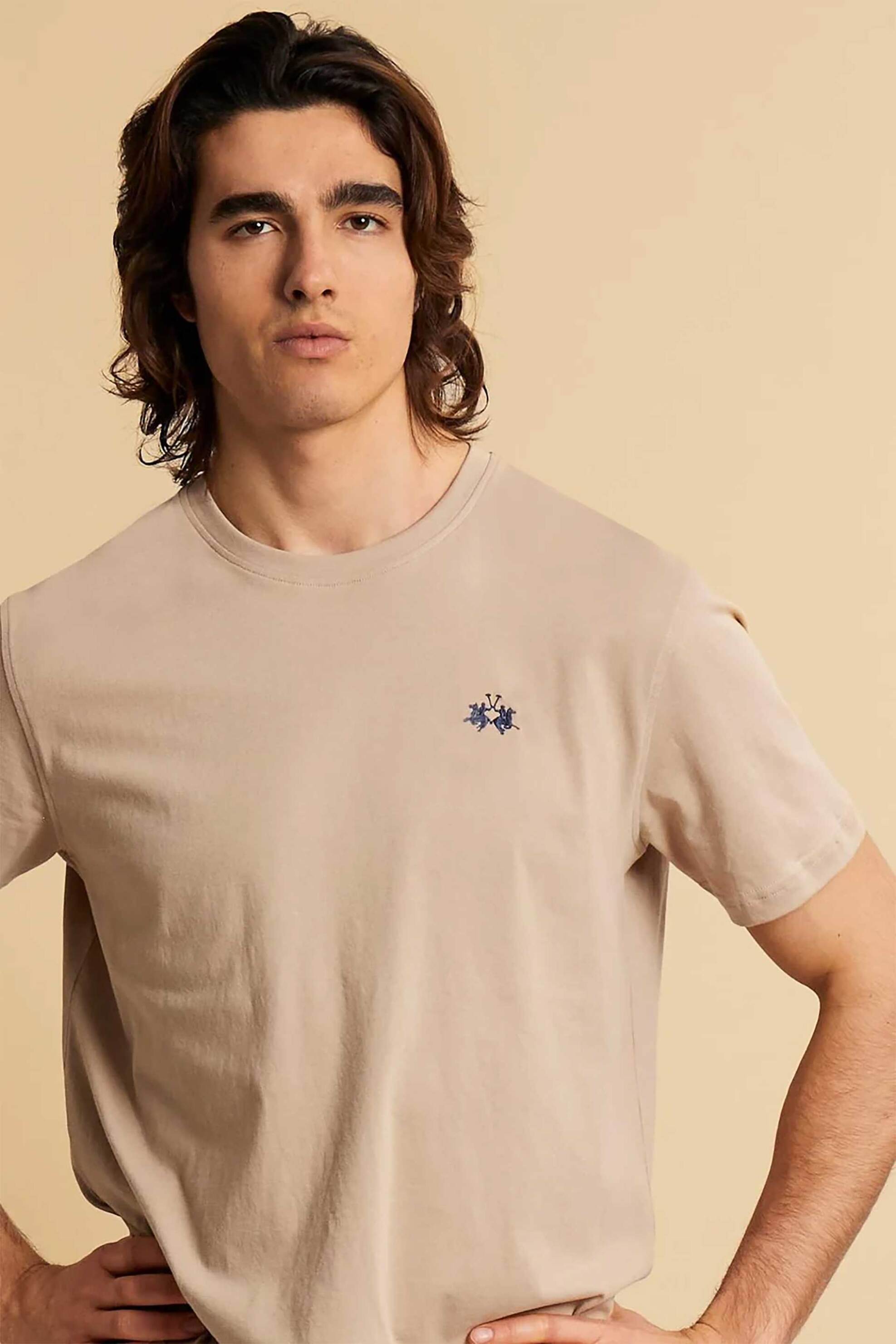 La Martina ανδρικό T-shirt με κεντημένο λογότυπο Regular Fit "Serge" - MCR004-JS388 Μπεζ φωτογραφία