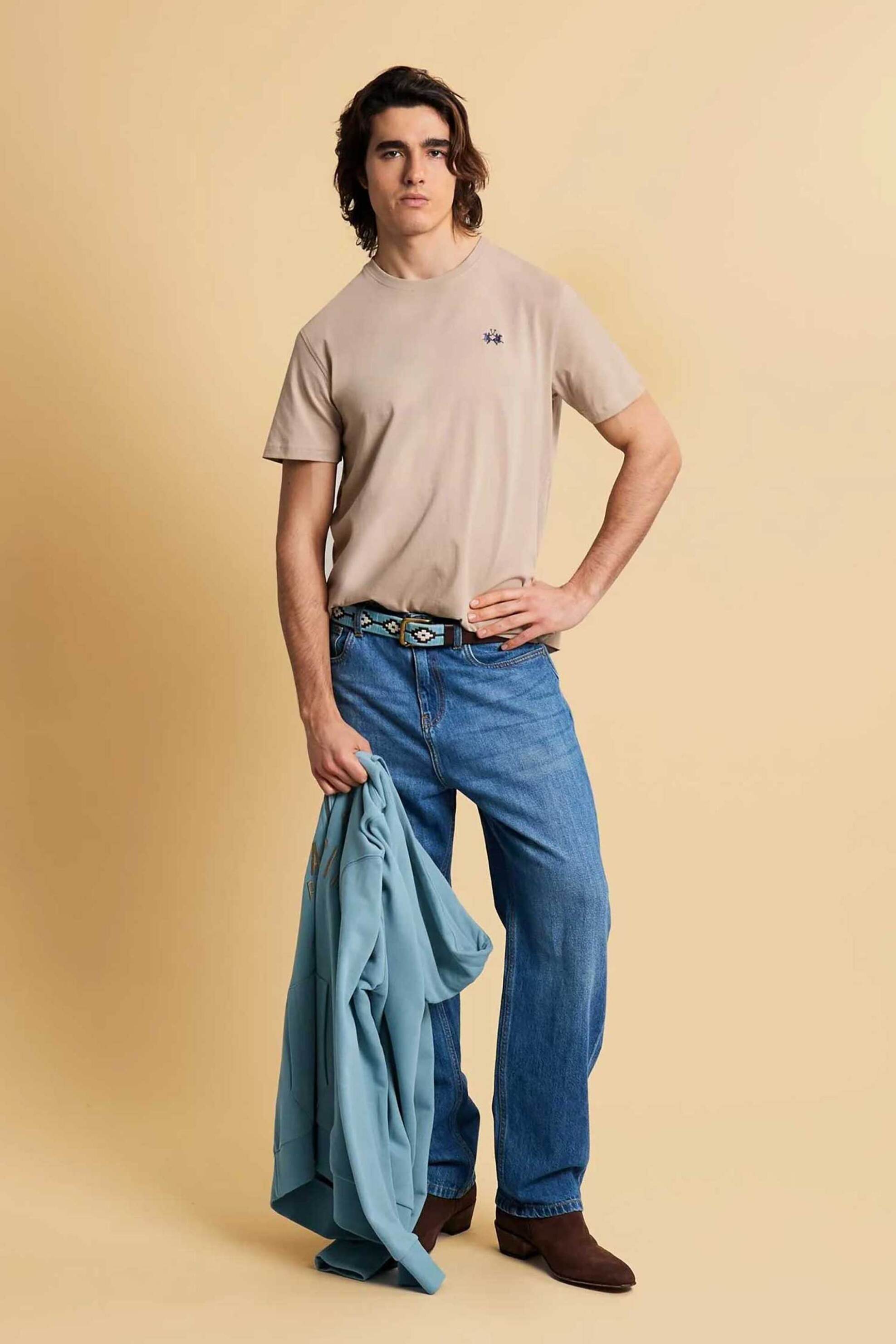 La Martina ανδρικό T-shirt με κεντημένο λογότυπο Regular Fit "Serge" - MCR004-JS388 Μπεζ φωτογραφία