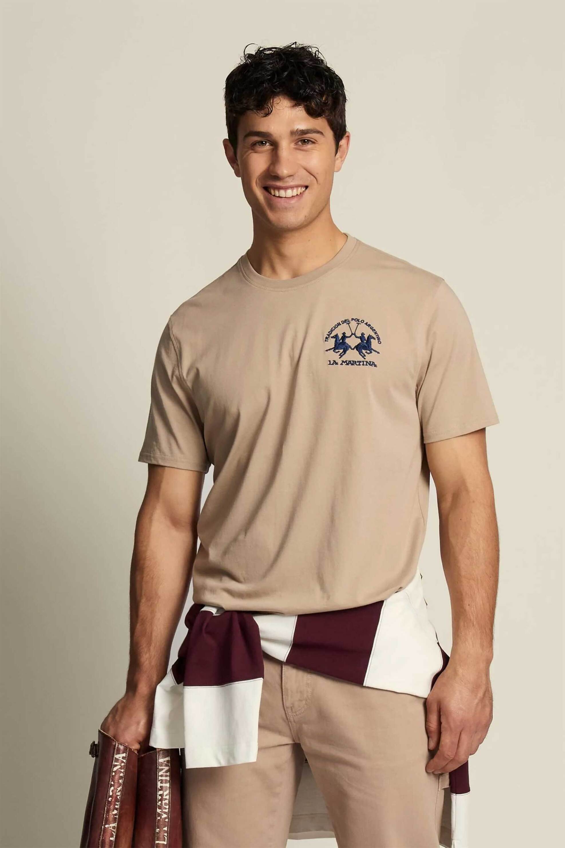 La Martina ανδρικό T-shirt με κεντημένο λογότυπο Regular Fit "Vernie" - MCR009-JS388 Μπεζ