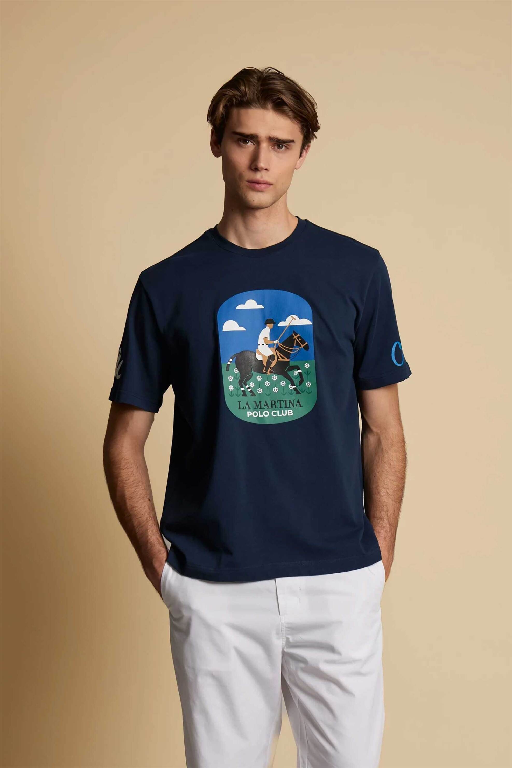 La Martina ανδρικό T-shirt με graphic print Regular Fit "Calvino" - MCR012-JS303 Μπλε Σκούρο