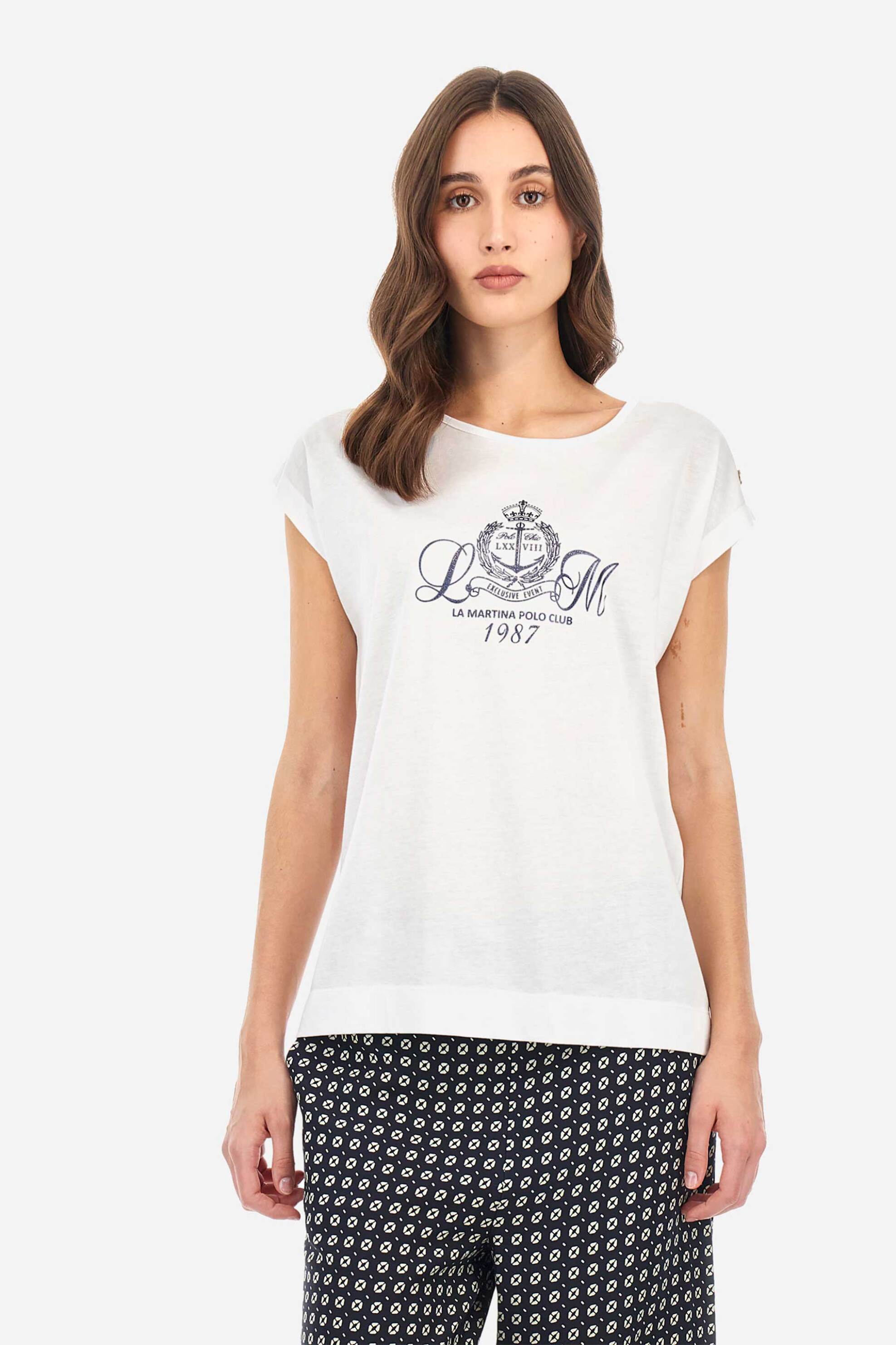 La Martina γυναικείο T-shirt με graphic logo print και cut-out στο πίσω μέρος Regular Fit - WAR301-JS317 Λευκό