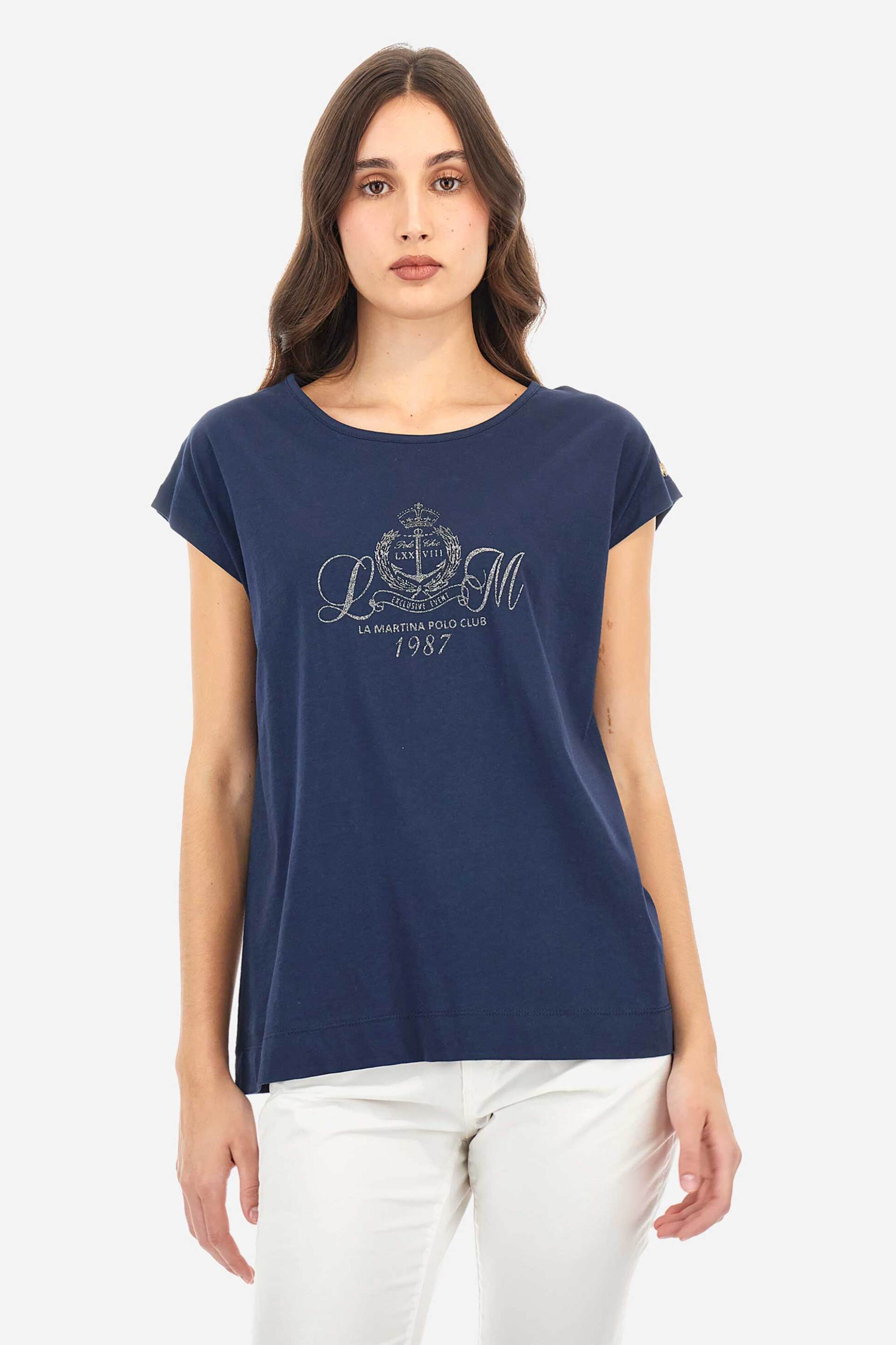 La Martina γυναικείο T-shirt με graphic logo print και cut-out στο πίσω μέρος Regular Fit - WAR301-JS317 Μπλε Σκούρο