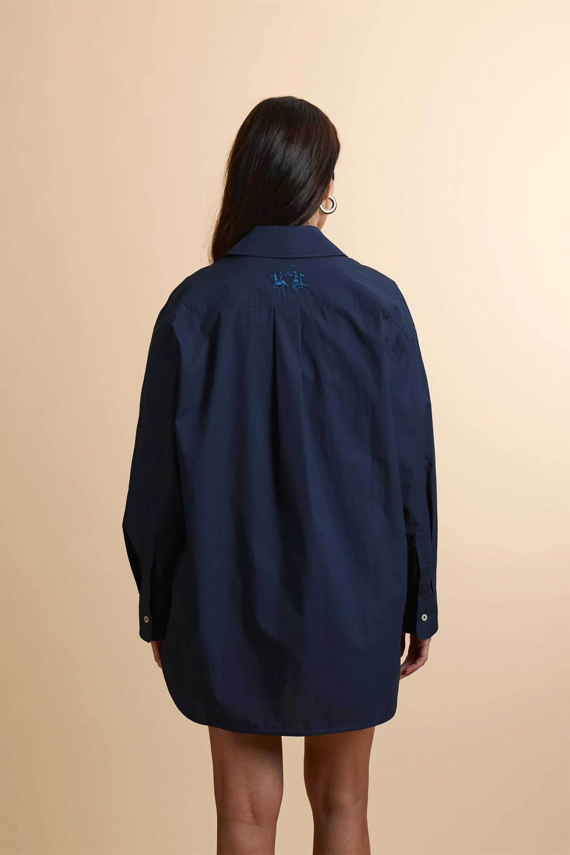 La Martina Γυναικείο Μακρύ Πουκάμισο Poplin Oversized Fit Clara - Wcc005-Pp740 Μπλε Σκούρο