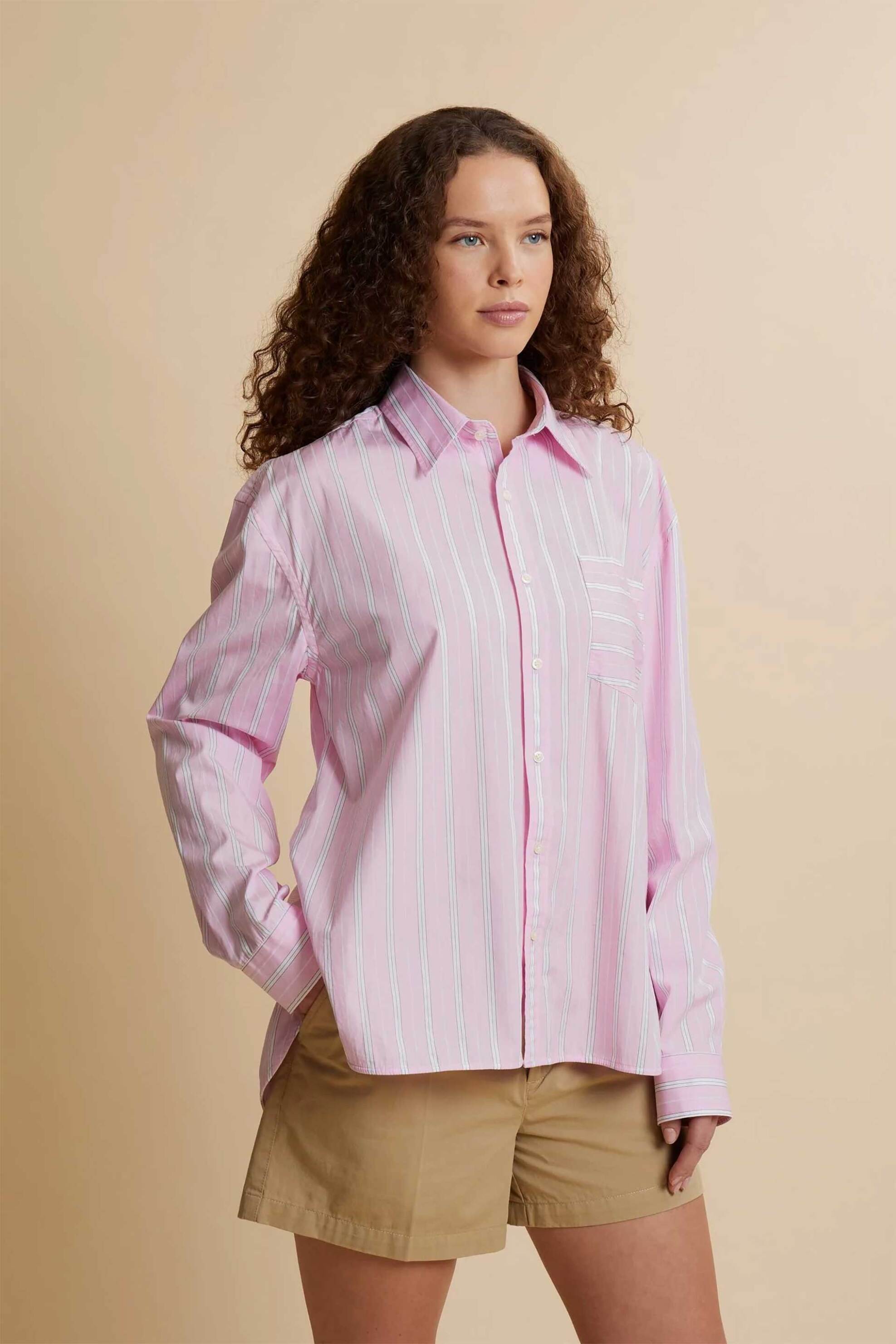 La Martina γυναικείο πουκάμισο poplin με ριγέ σχέδιο Relaxed Fit "Camilla" - WCC006-PP737 Ροζ