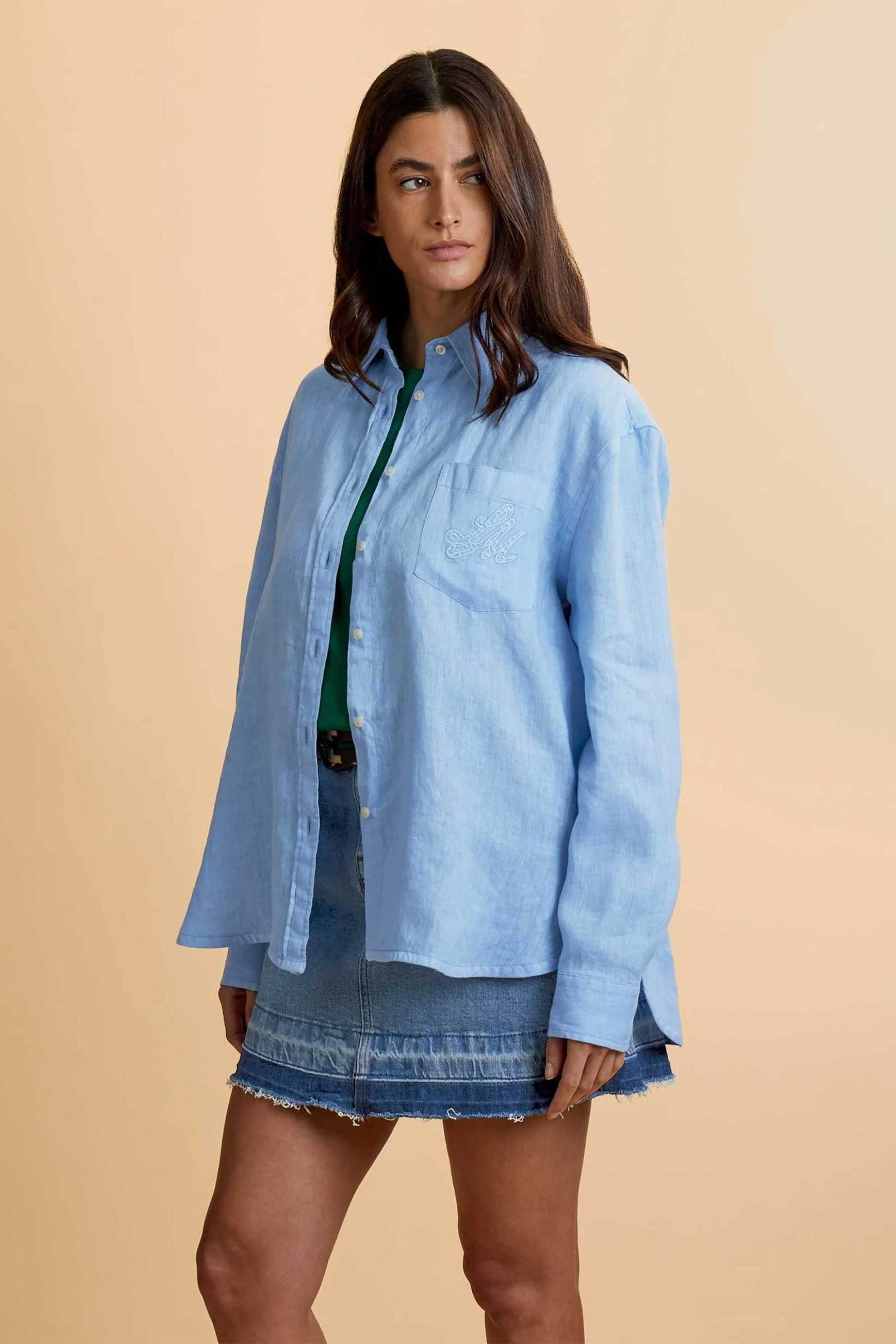 La Martina γυναικείο λινό πουκάμισο με τσέπη Regular Fit "Celeste" - WCC007-TL144 Μπλε Ανοιχτό