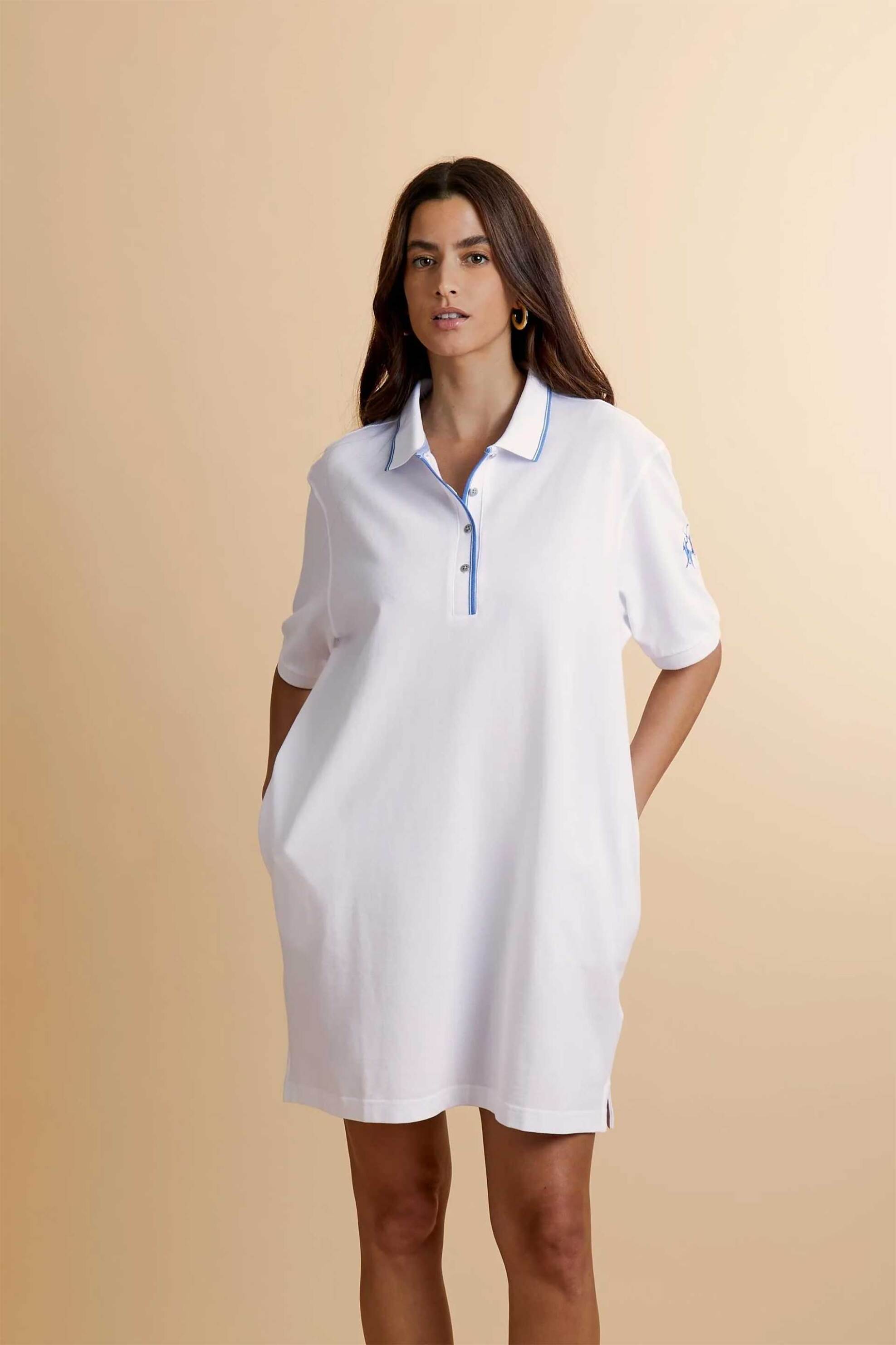 La Martina γυναικείο mini φόρεμα πόλο πικέ με κεντημένο λογότυπο στο μανίκι Comfort Fit "Cherry" - WCD005-PK031 Λευκό