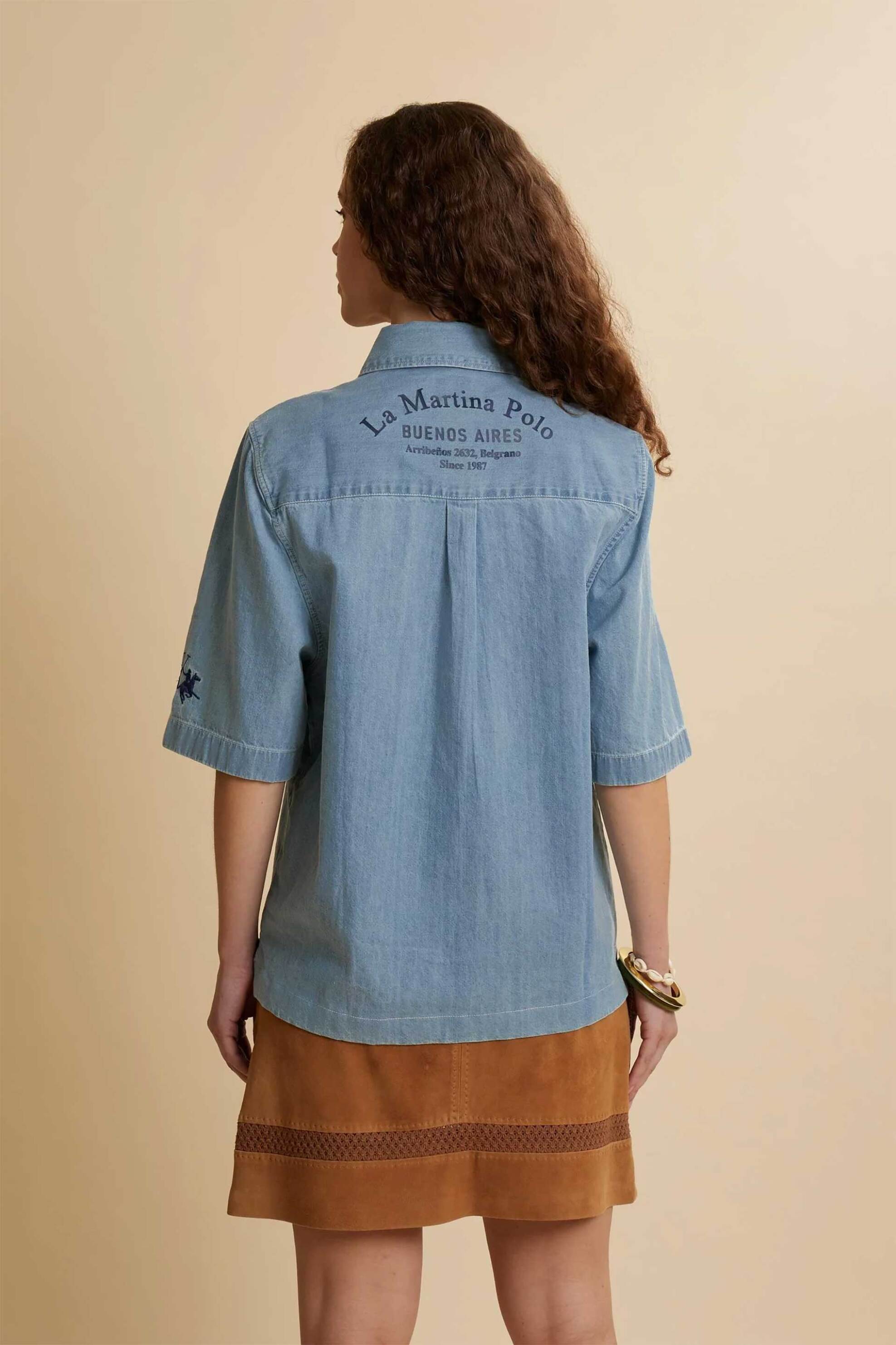 La Martina Γυναικεία Denim Μπλούζα με Λογότυπο Oversized Fit Clarinda - Wcp004-Dm108 Blue