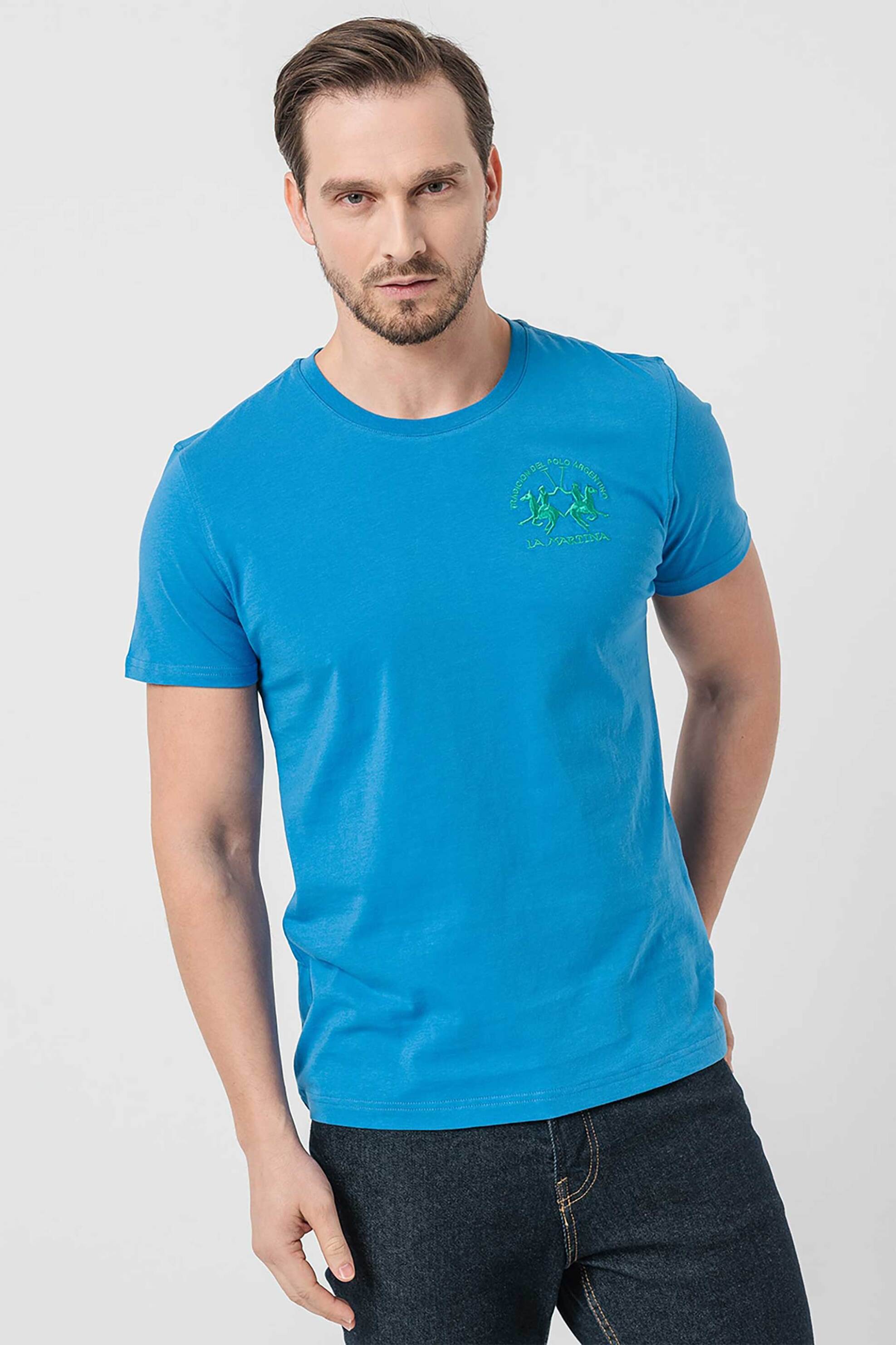 Ανδρική Μόδα > Ανδρικά Ρούχα > Ανδρικές Μπλούζες > Ανδρικά T-Shirts La Martina ανδρικό βαμβακερό T-shirt μονόχρωμο με κεντημένο λογότυπο - YMR009-JS206 Γαλάζιο