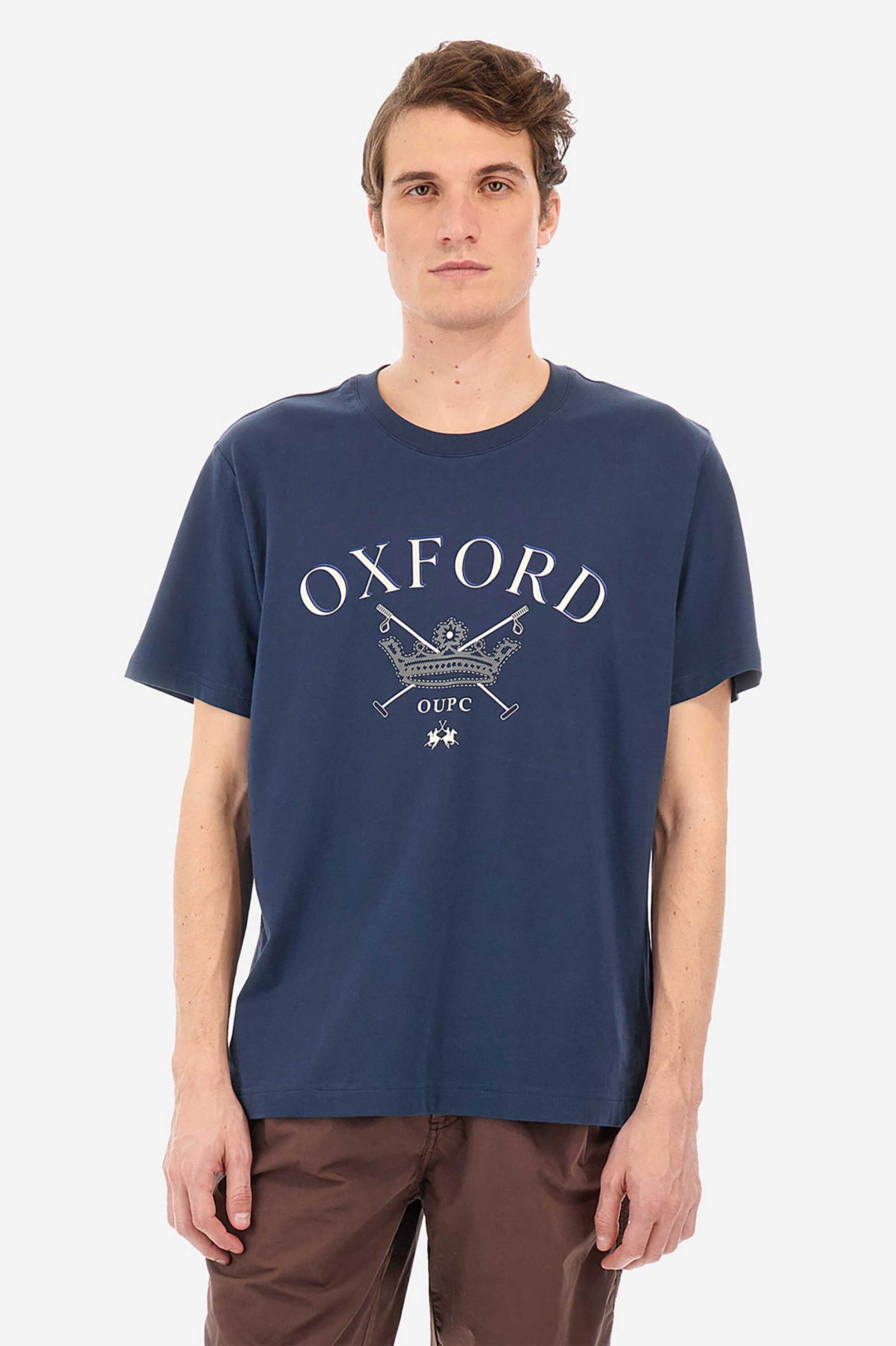 La Martina ανδρικό T-shirt μονόχρωμο βαμβακερό με contrast print "Yerachmiel" - YMR302-JS206 Μπλε Σκούρο