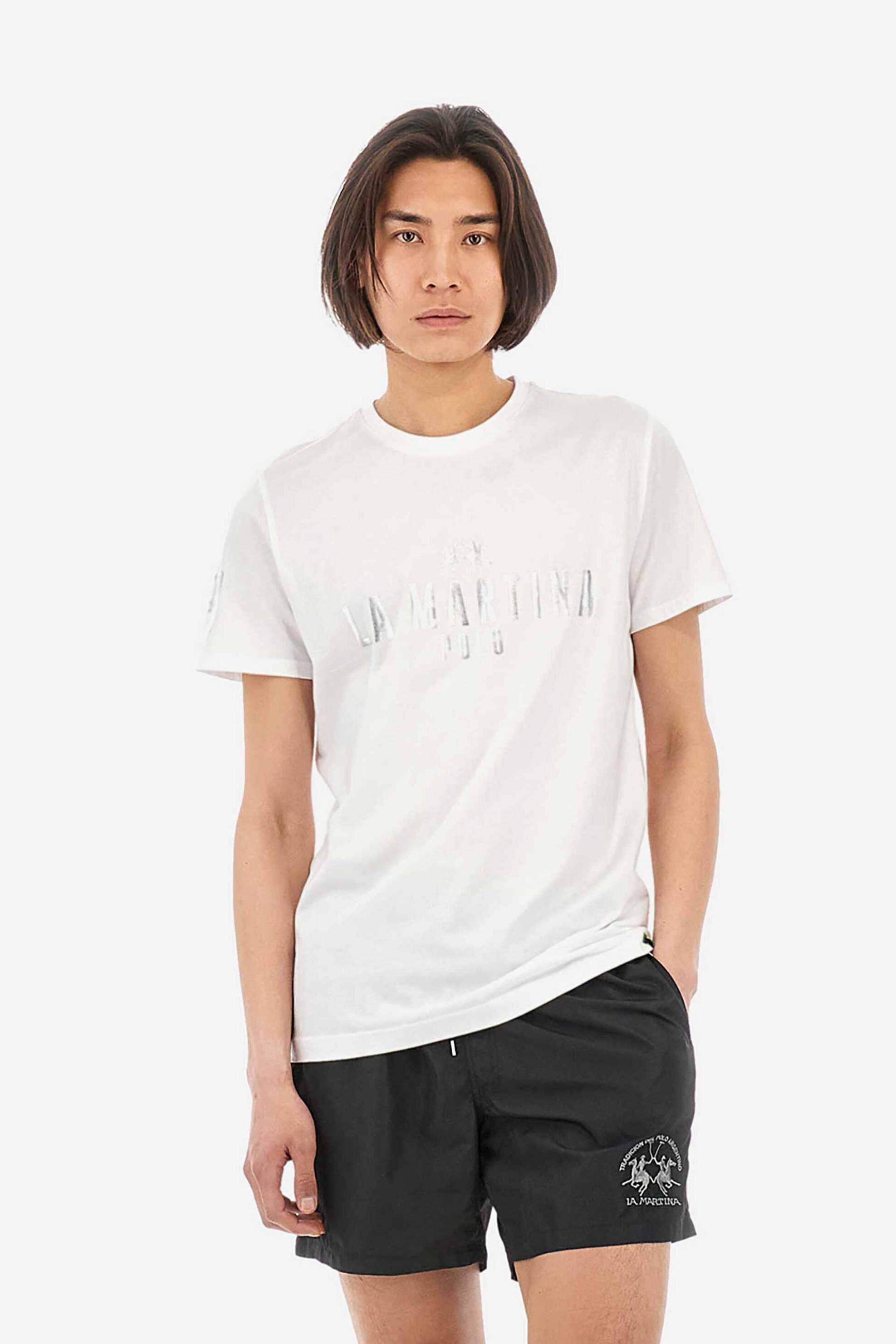 Ανδρική Μόδα > Ανδρικά Ρούχα > Ανδρικές Μπλούζες > Ανδρικά T-Shirts La Martina ανδρικό T-shirt βαμβακερό μονόχρωμο με contrast foil effect prints "Ysmael" - YMR322-JS206 Λευκό
