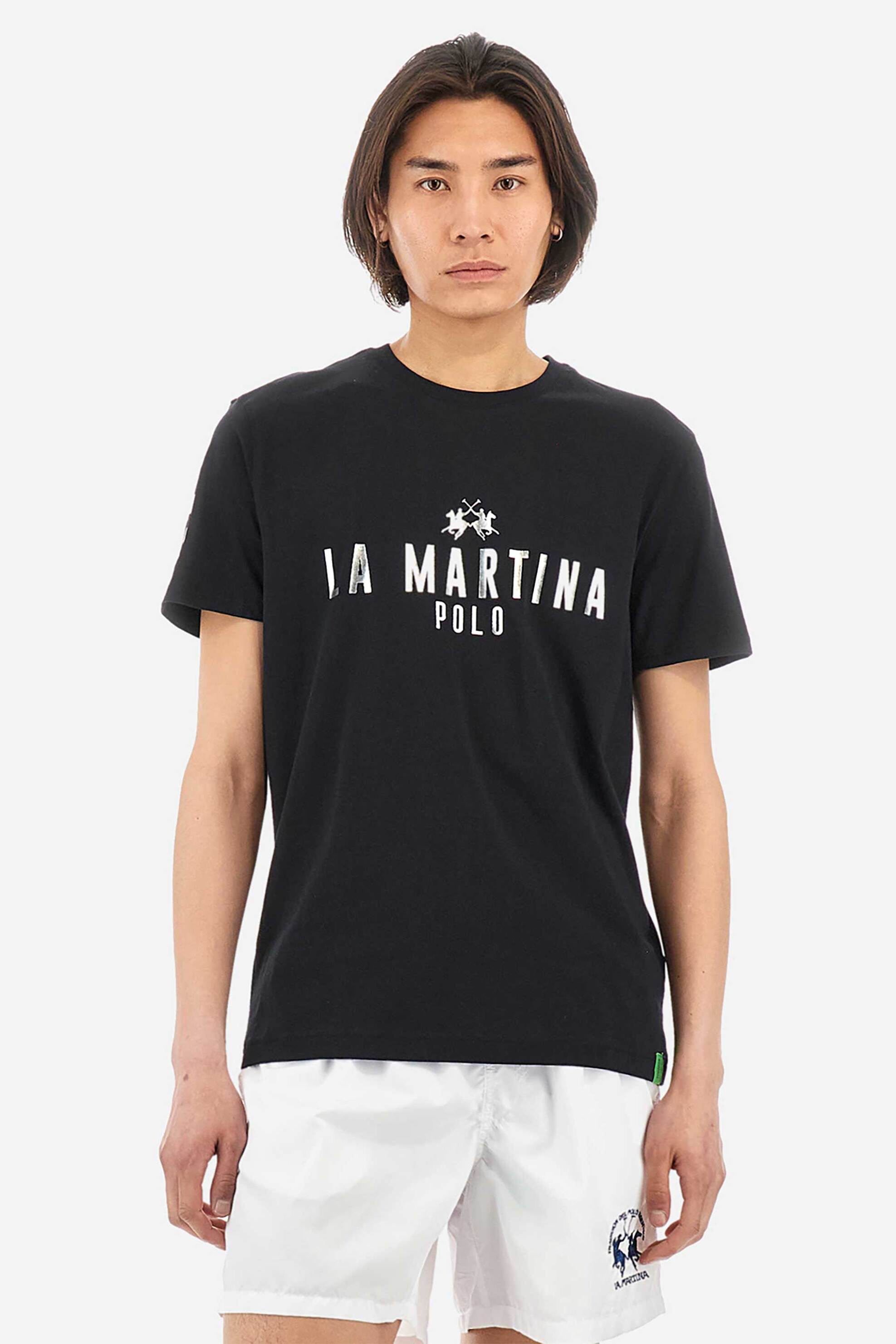 LA MARTINA La Martina ανδρικό T-shirt βαμβακερό μονόχρωμο με contrast foil effect prints "Ysmael" - YMR322-JS206 Μαύρο