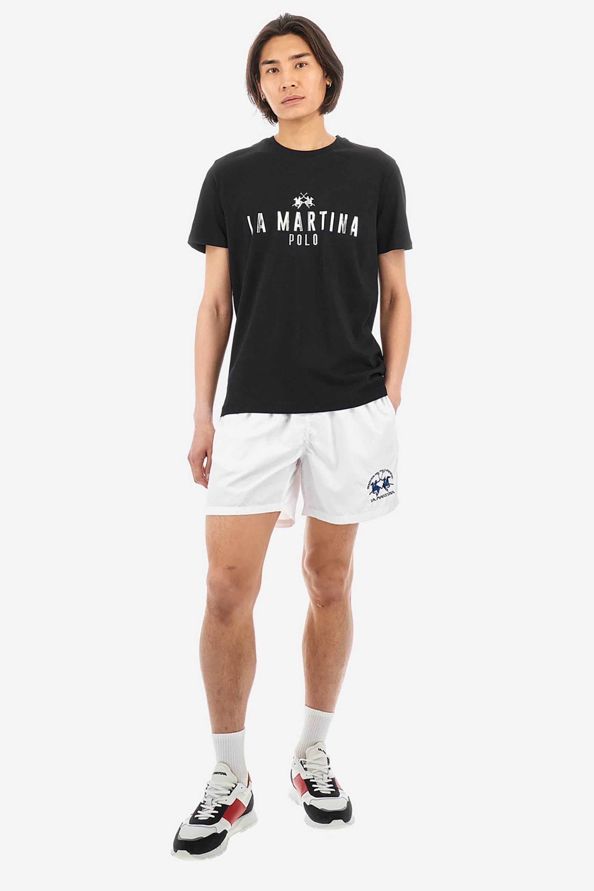 La Martina ανδρικό T-shirt βαμβακερό μονόχρωμο με contrast foil effect prints "Ysmael" - YMR322-JS206 Μαύρο φωτογραφία