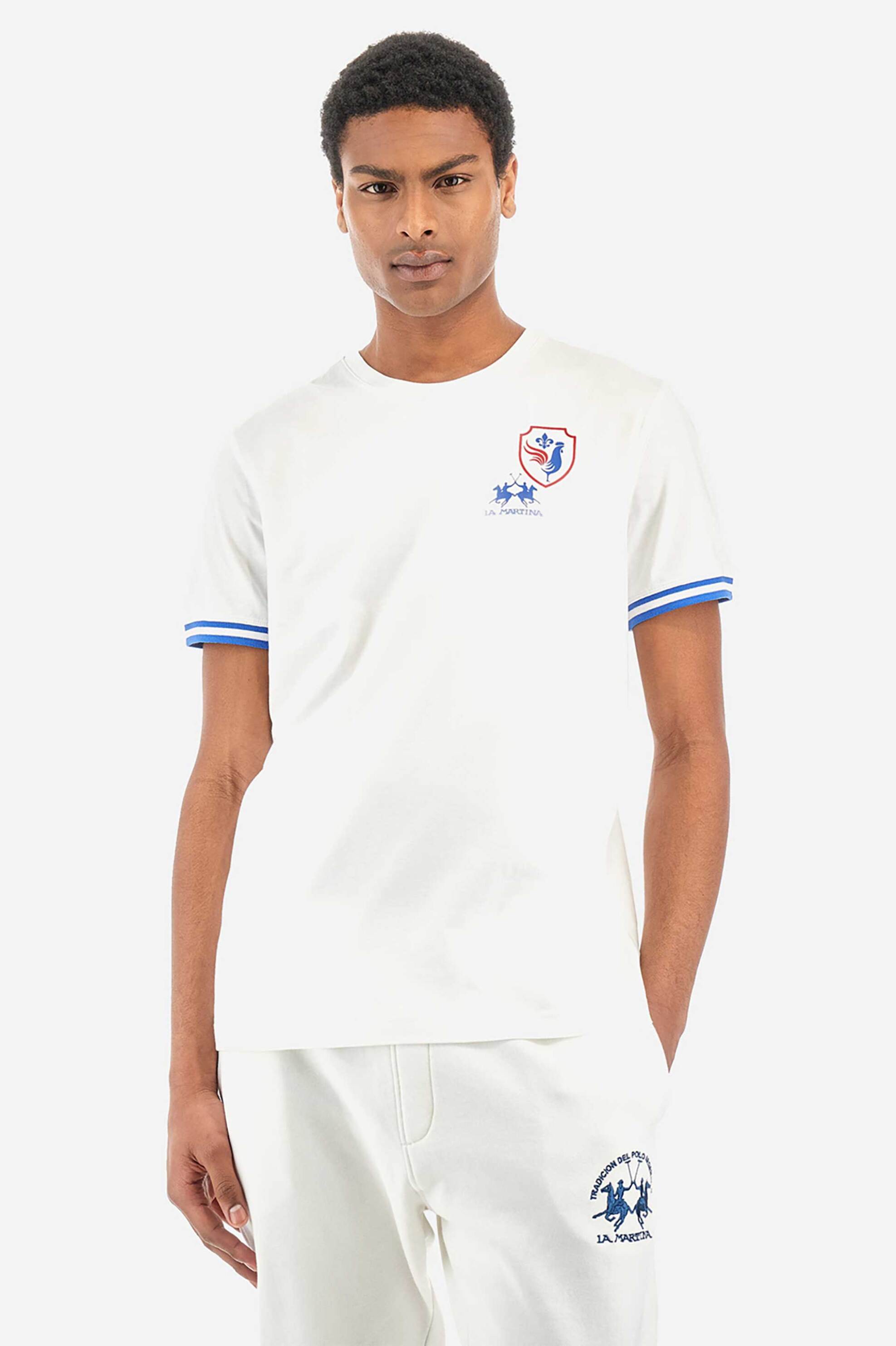 Ανδρική Μόδα > Ανδρικά Ρούχα > Ανδρικές Μπλούζες > Ανδρικά T-Shirts La Martina ανδρικό βαμβακερό T-shirt μονόχρωμο με contrast prints "Yafeu" - YMR601-JS206 Λευκό