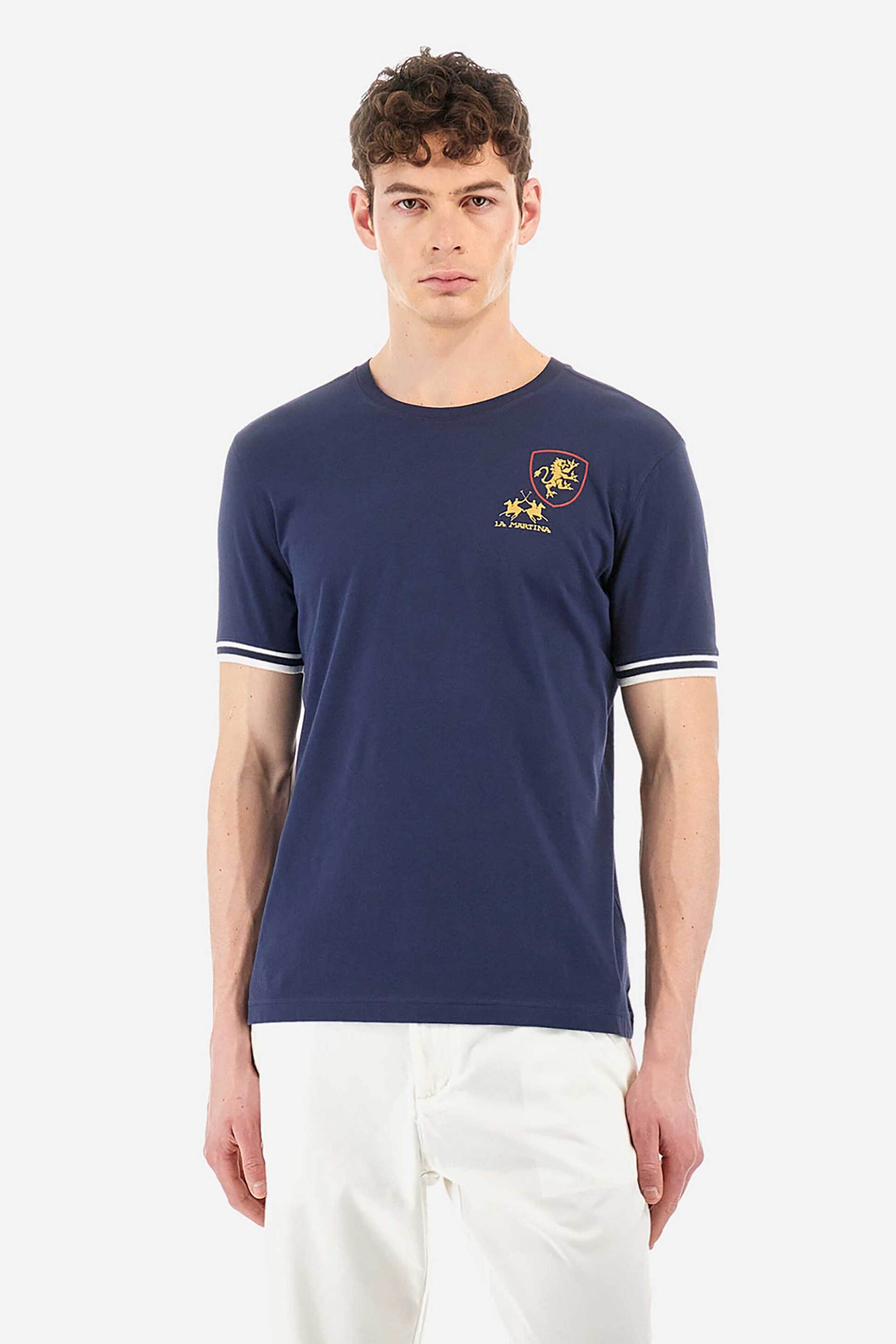 Ανδρική Μόδα > Ανδρικά Ρούχα > Ανδρικές Μπλούζες > Ανδρικά T-Shirts La Martina ανδρικό βαμβακερό T-shirt μονόχρωμο με contrast prints "Yafeu" - YMR601-JS206 Μπλε Σκούρο