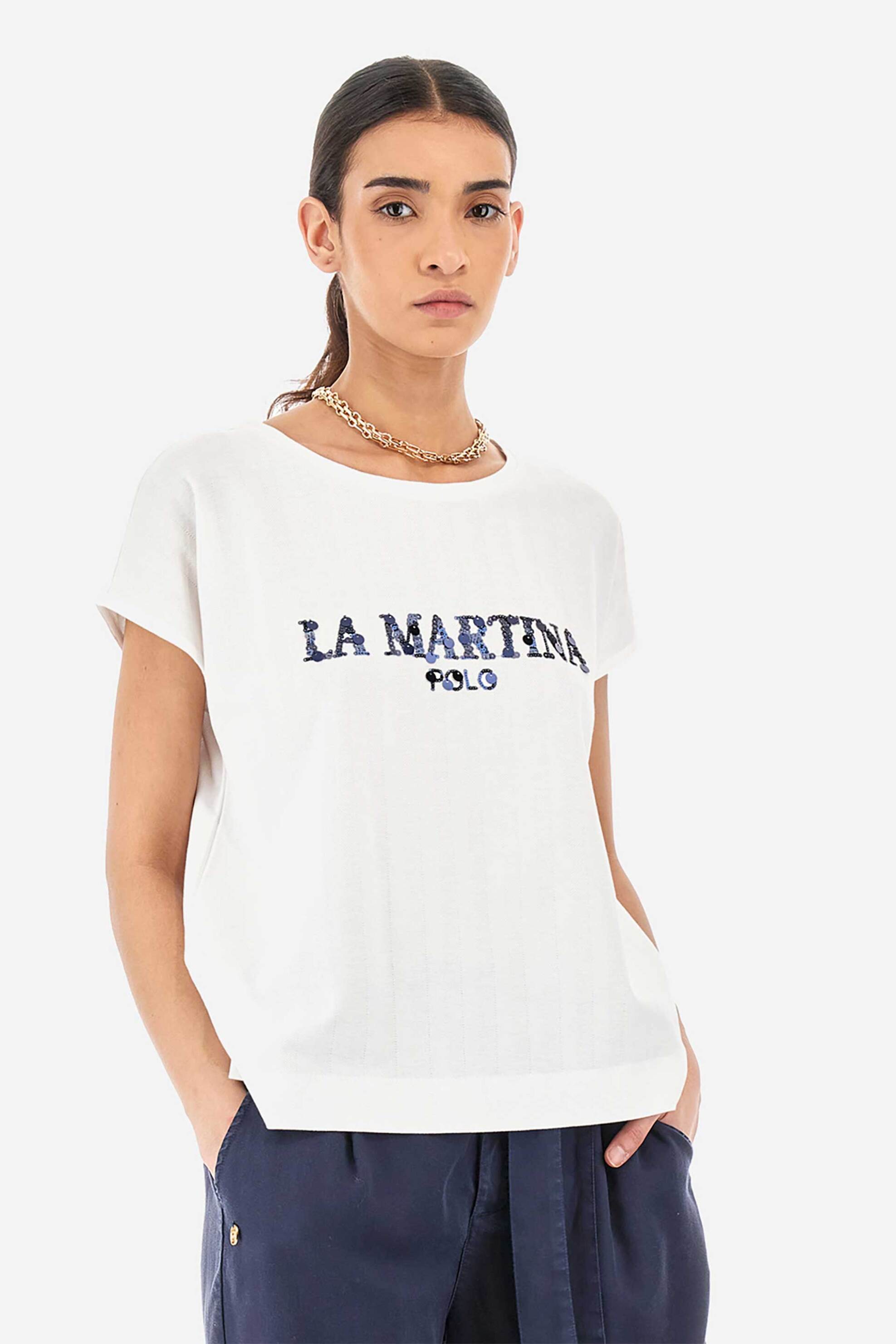 Γυναικεία Ρούχα & Αξεσουάρ > Γυναικεία Ρούχα > Γυναικεία Τοπ > Γυναικεία T-Shirts La Martina γυναικείο T-shirt μονόχρωμο βαμβακερό με λογότυπο με παγιέτες "Yennefer" - YWR304-JS394 Λευκό