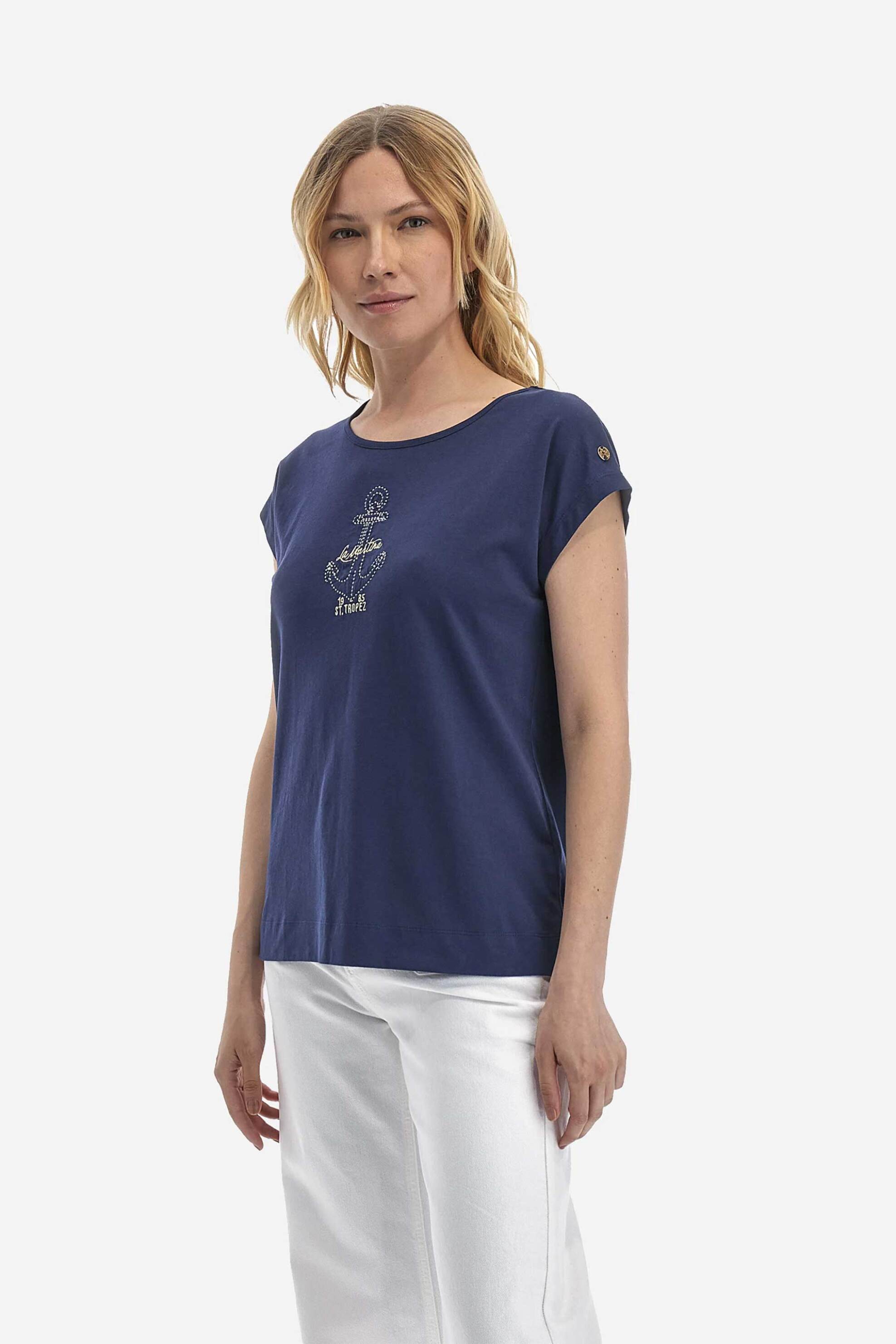 Γυναικεία Ρούχα & Αξεσουάρ > Γυναικεία Ρούχα > Γυναικεία Τοπ > Γυναικεία T-Shirts La Martina γυναικείο βαμβακερό T-shirt μονόχρωμο με κεντημένο λογότυπο και άνοιγμα στην πλάτη - YWR305-JS317 Μπλε Σκούρο
