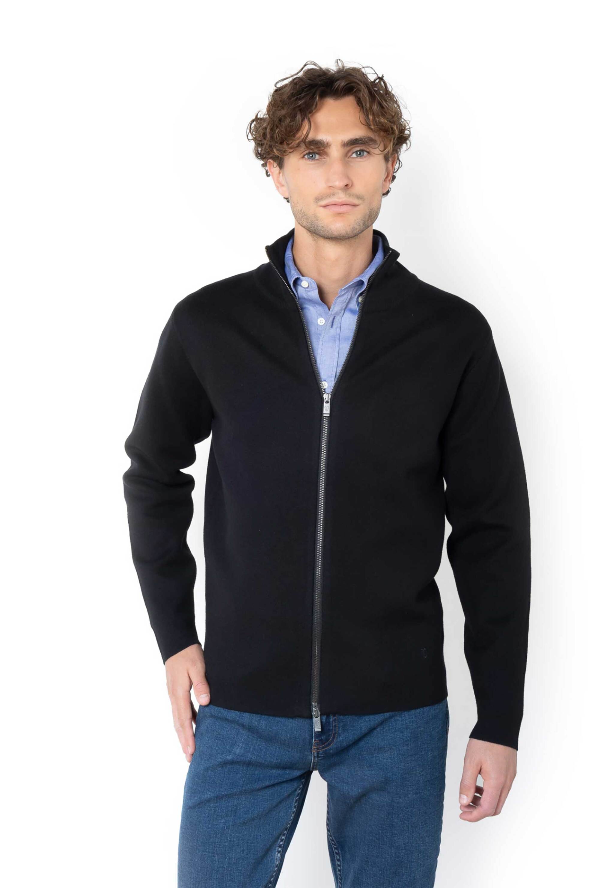 The Bostonians ανδρική πλεκτή ζακέτα μονόχρωμη με ψηλό λαιμό Regular Fit - MC1192 Μαύρο