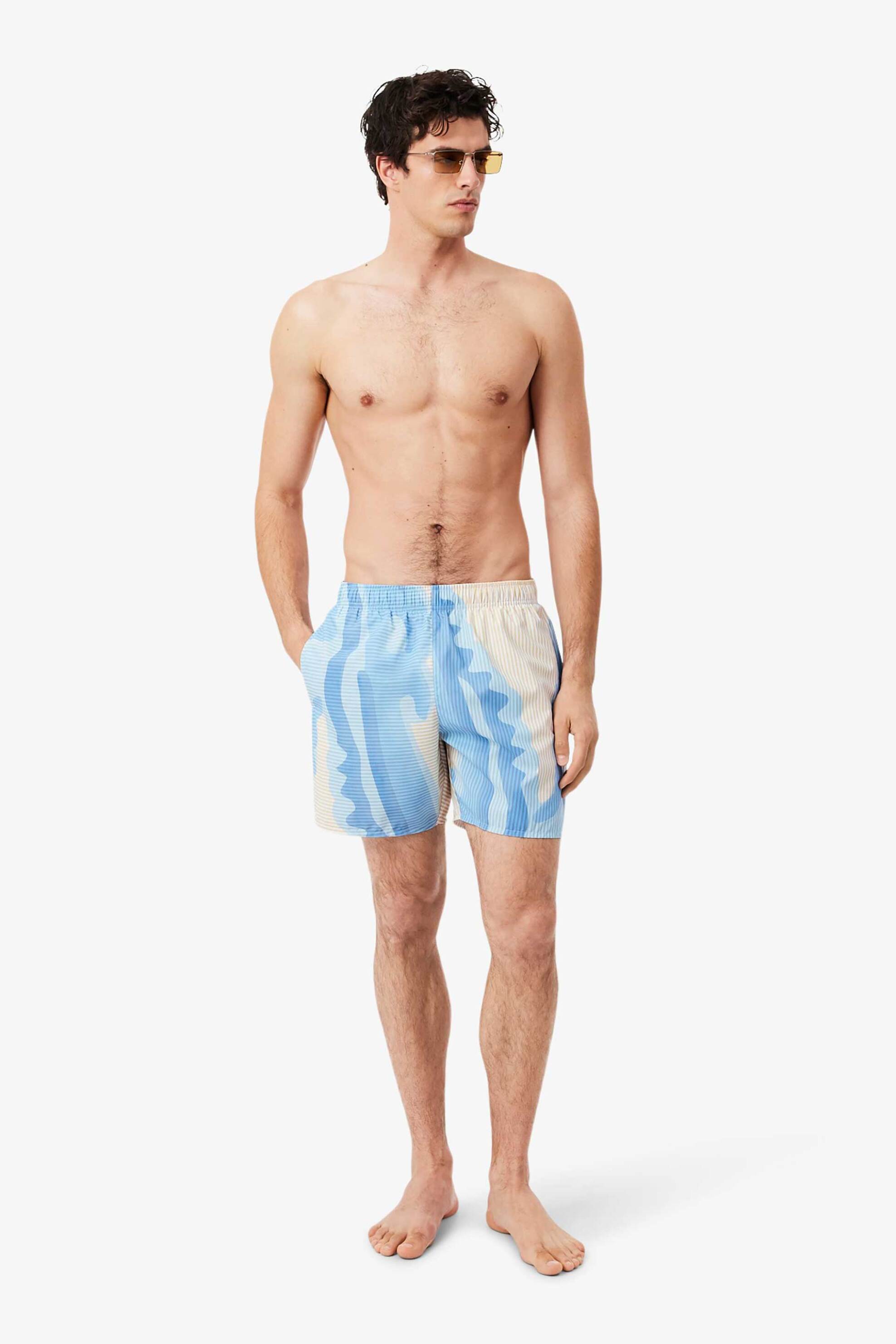 Lacoste ανδρικό μαγιό σορτς με ριγέ σχέδιο και print - MH1902 Μπλε Ανοιχτό