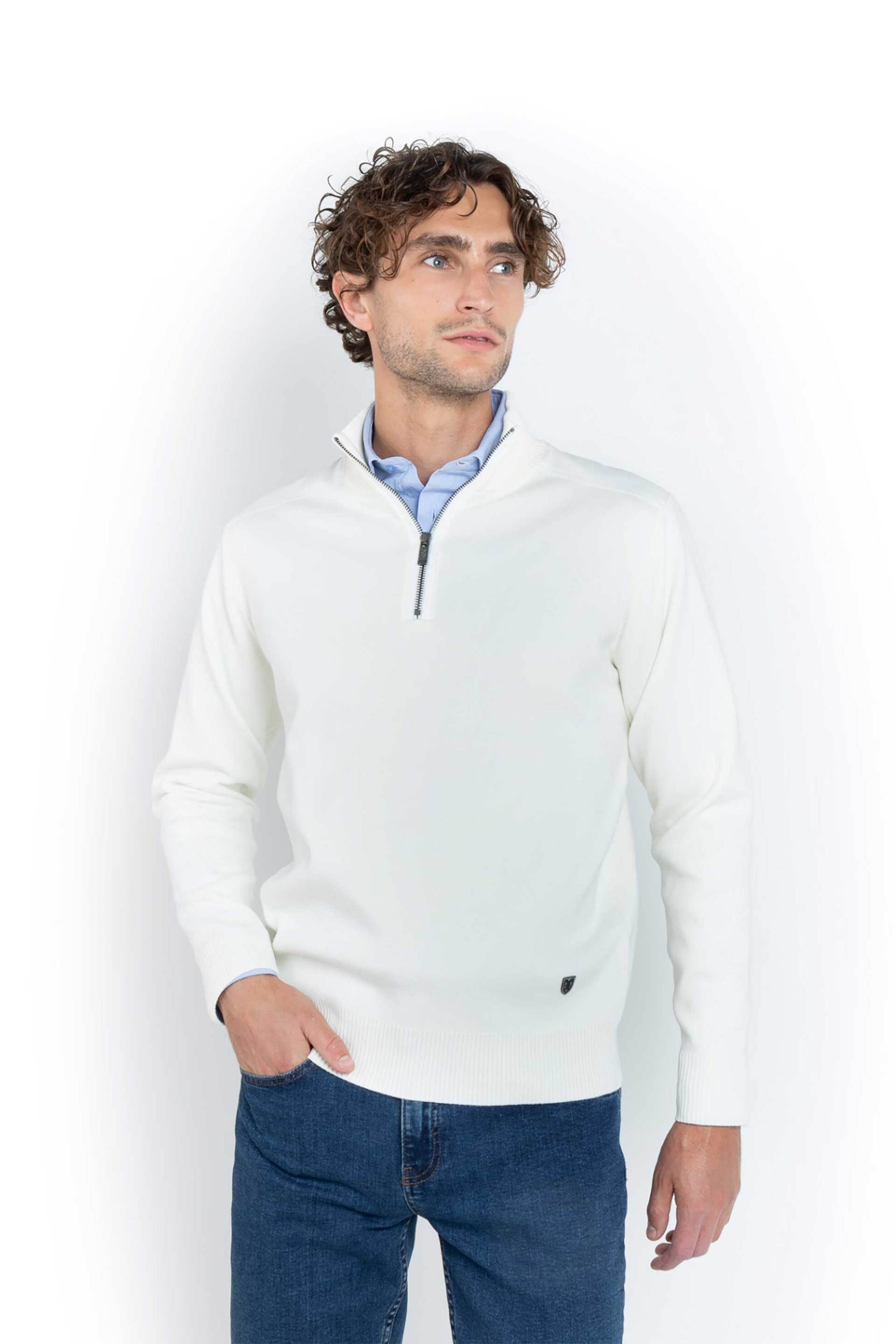 The Bostonians ανδρικό πουλόβερ μονόχρωμο με 1/2 φερμουάρ Regular Fit - MO1110 Λευκό