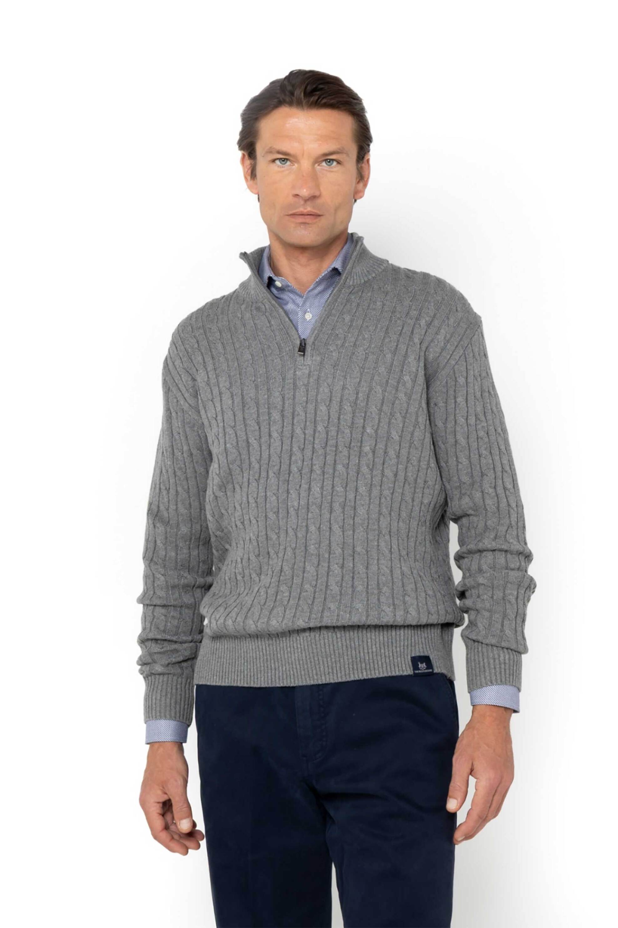 THE BOSTONIANS The Bostonians ανδρικό πουλόβερ με cable knit pattern και ψηλό λαιμό με 1/2 φερμουάρ Regular Fit - MO1112 Γκρι