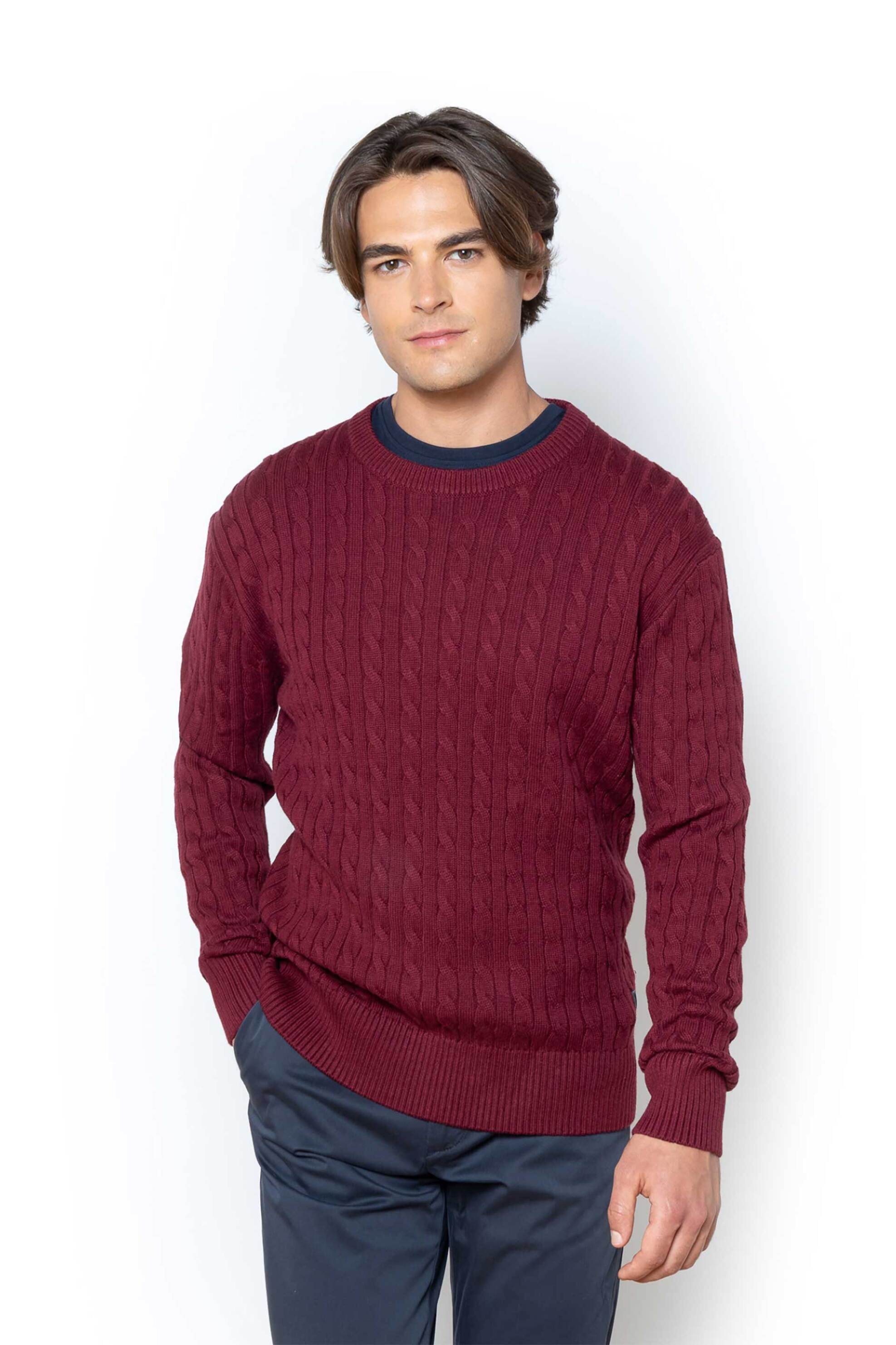 THE BOSTONIANS The Bostonians ανδρικό πουλόβερ με cable knit pattern Regular Fit - MR1070 Μπορντό