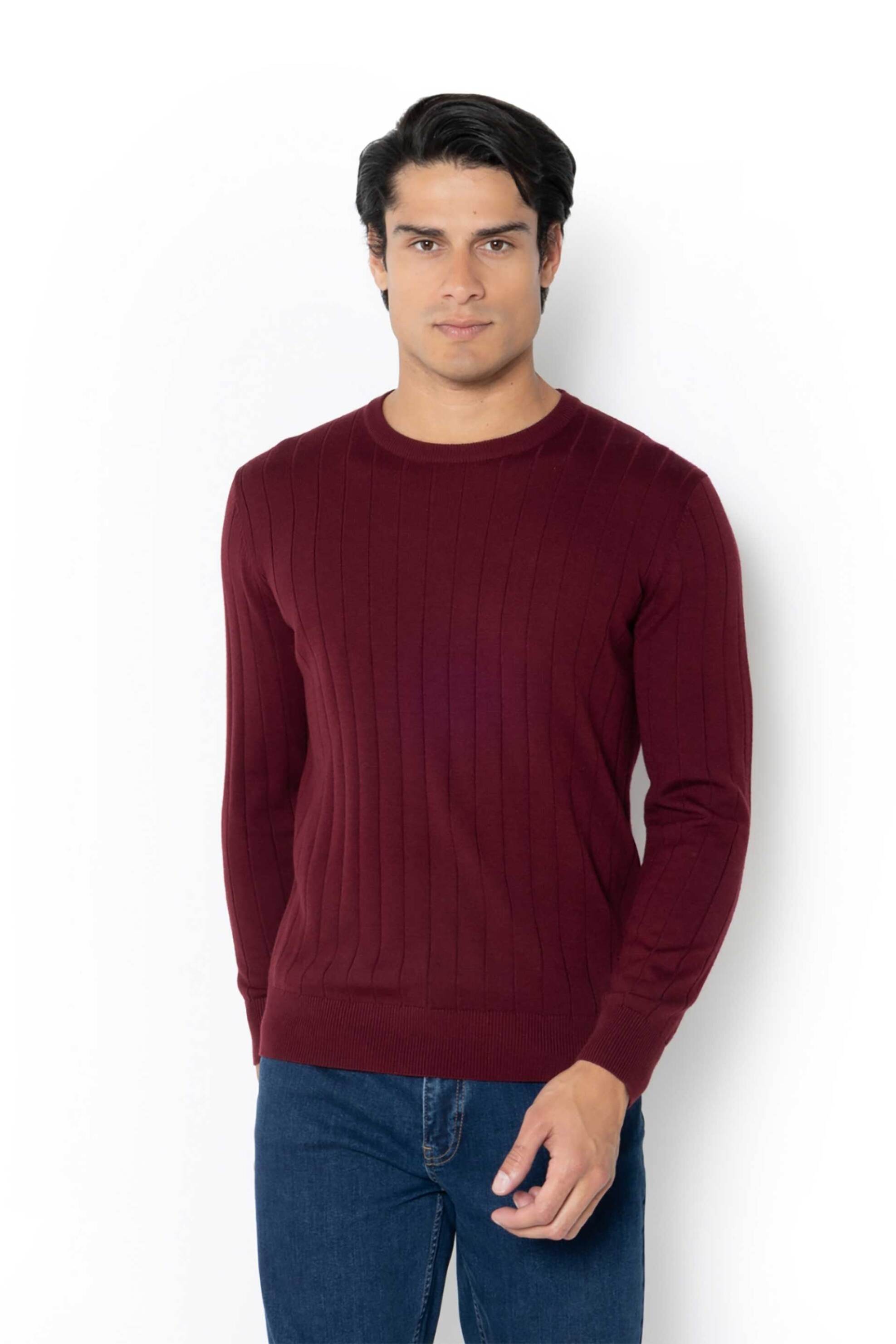 THE BOSTONIANS The Bostonians ανδρικό πουλόβερ μονόχρωμο με ριγέ σχέδιο Regular Fit - MR1081 Μπορντό