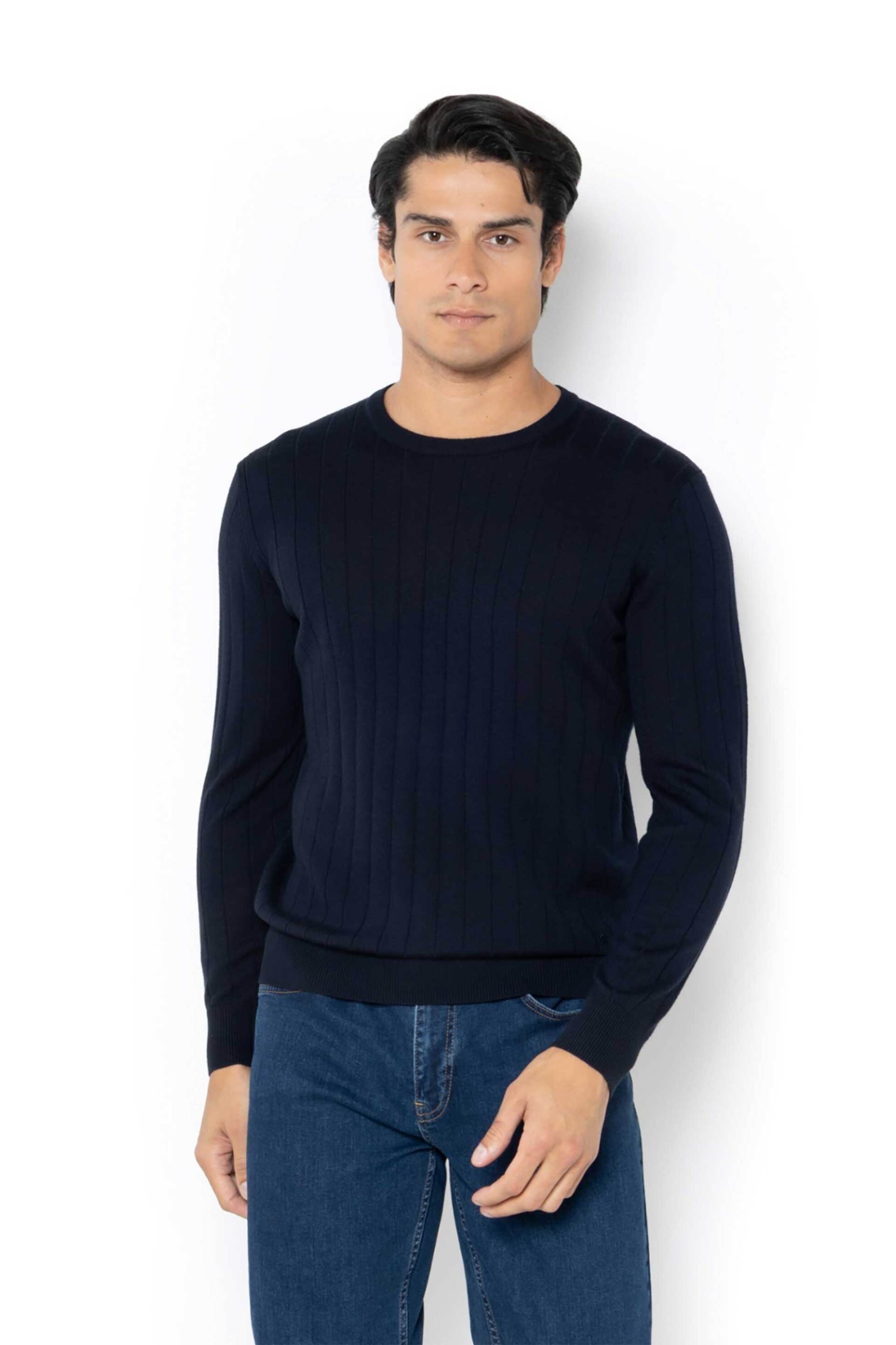 THE BOSTONIANS The Bostonians ανδρικό πουλόβερ μονόχρωμο με ριγέ σχέδιο Regular Fit - MR1081 Μπλε Σκούρο