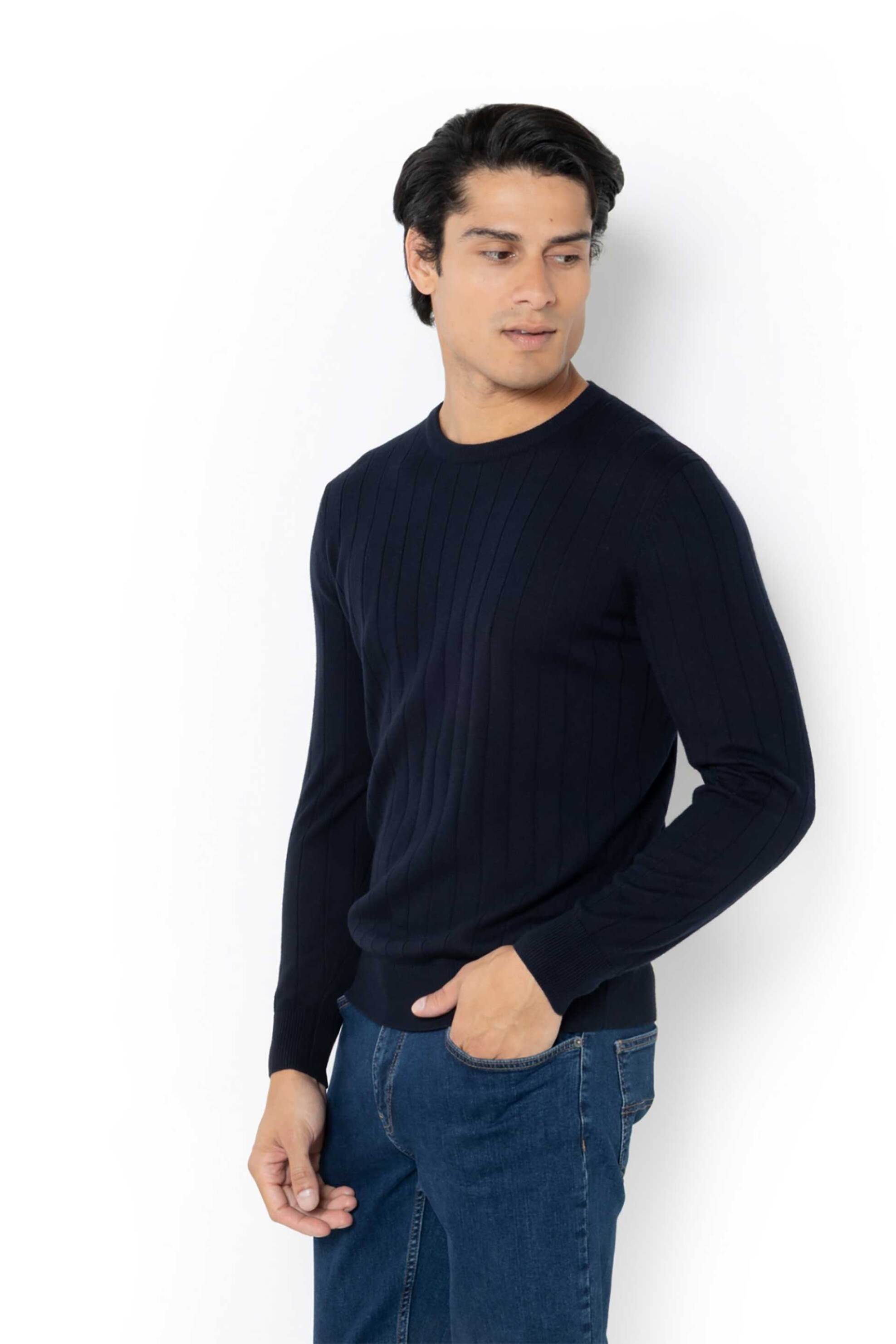 The Bostonians ανδρικό πουλόβερ μονόχρωμο με ριγέ σχέδιο Regular Fit - MR1081 Μπλε Σκούρο φωτογραφία