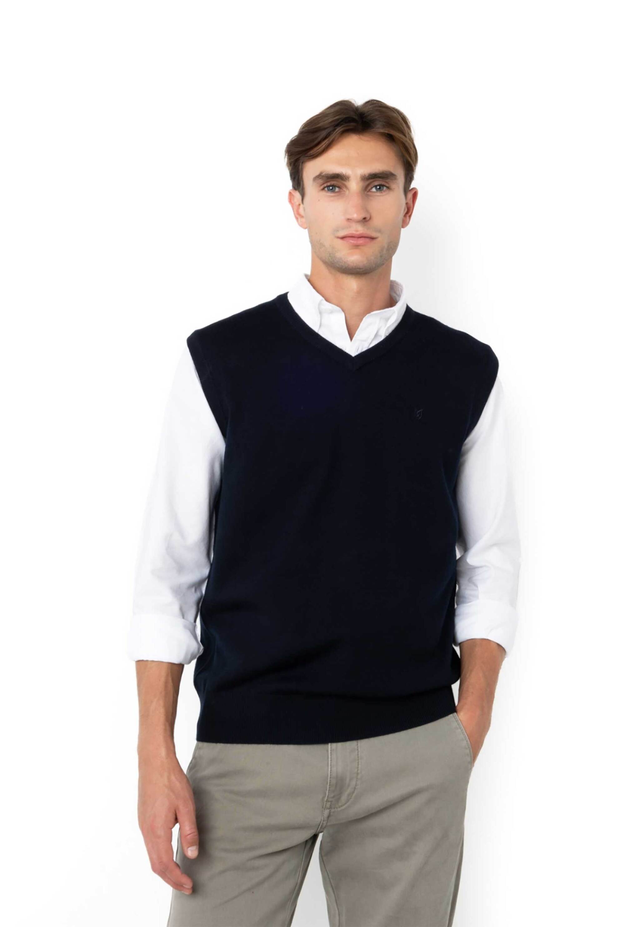 THE BOSTONIANS The Bostonians ανδρική αμάνικη πλεκτή μπλούζα με κεντημένο λογότυπο Regular Fit - MT1001 Μπλε Σκούρο