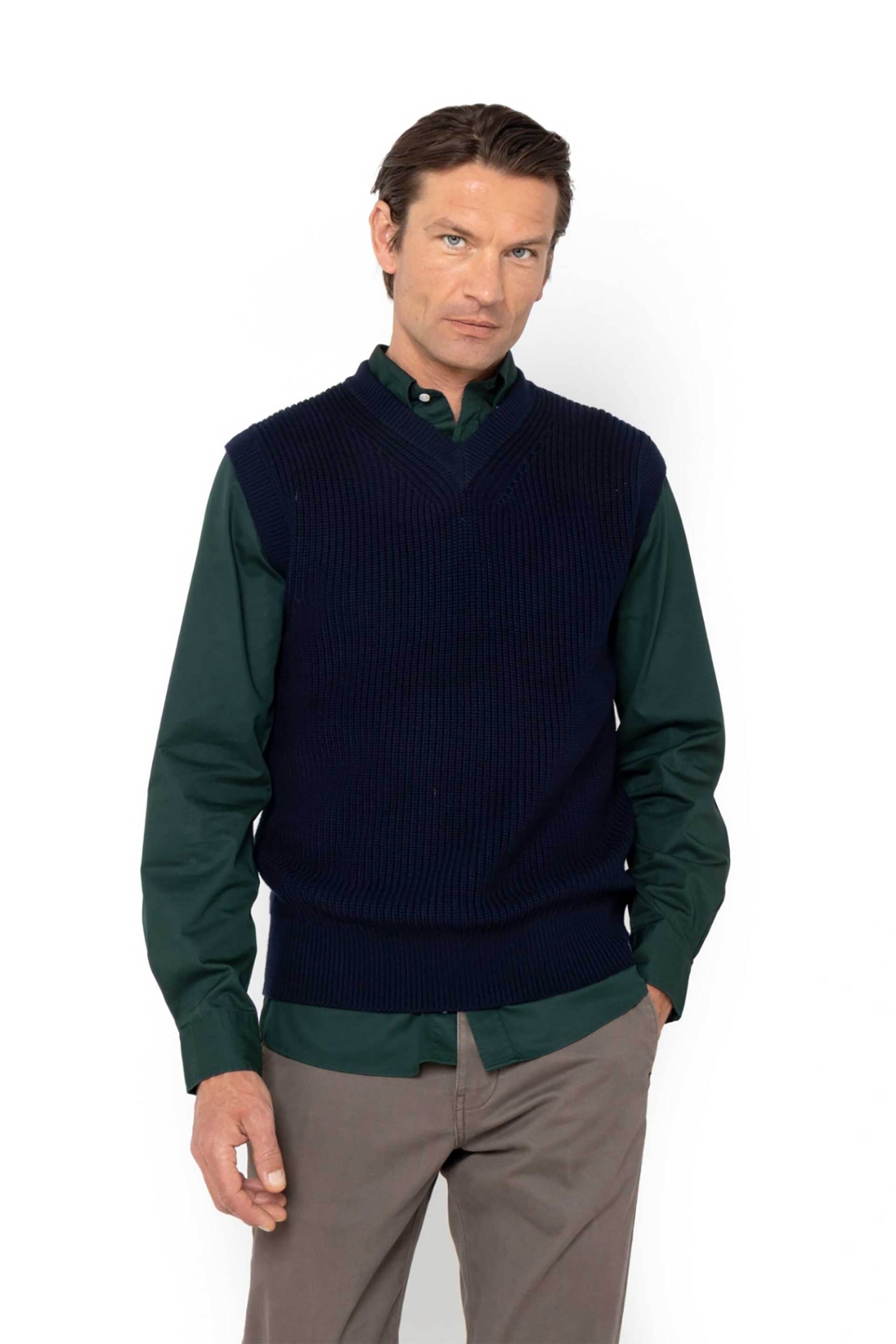 THE BOSTONIANS The Bostonians ανδρική πλεκτή αμάνικη μπλούζα structured με V Regular Fit - MT1003 Μπλε Σκούρο