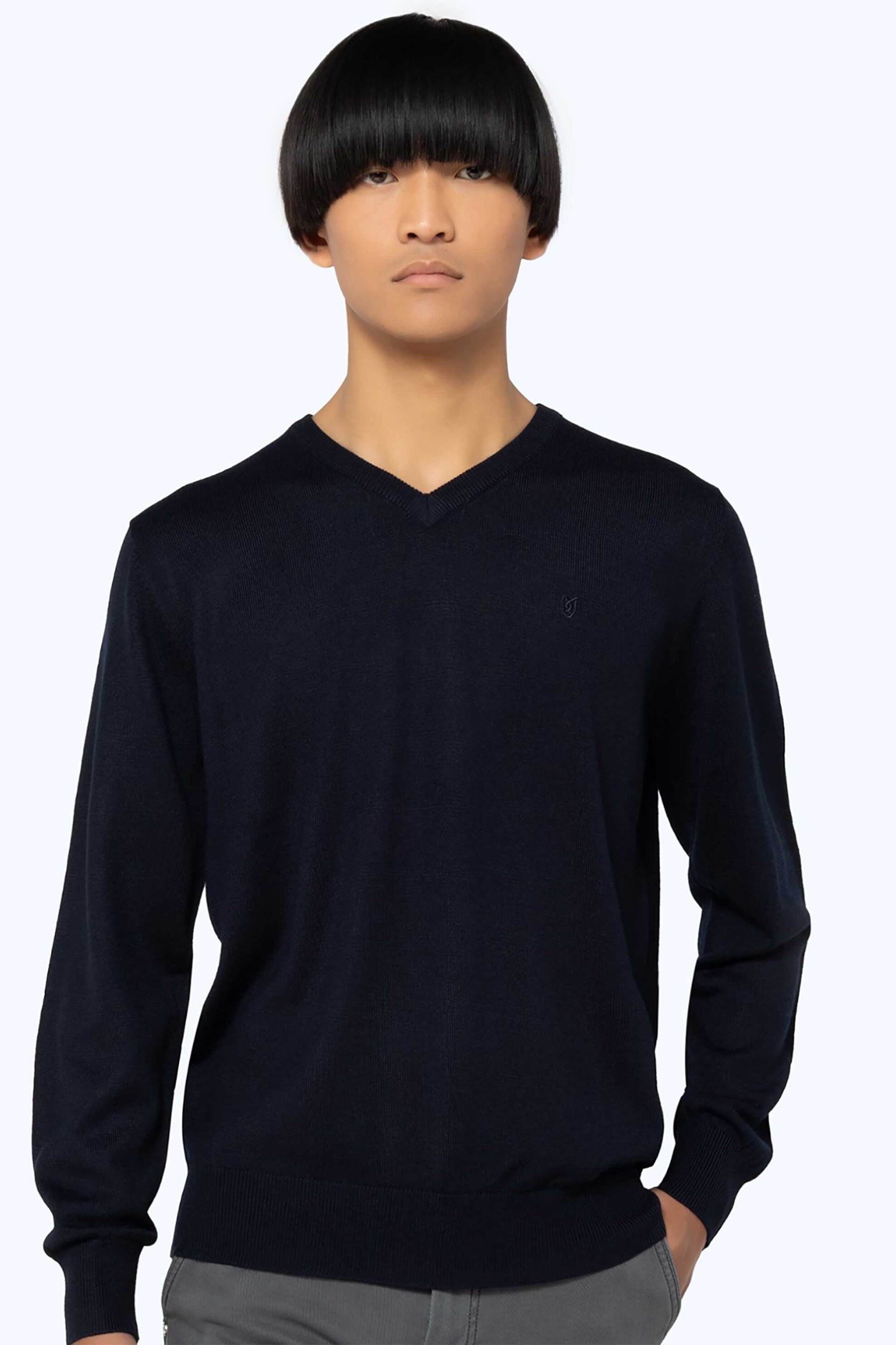 THE BOSTONIANS The Bostonians ανδρική πλεκτή μπλούζα με V και κεντημένο λογότυπο Regular Fit - MV1001 Μπλε Σκούρο