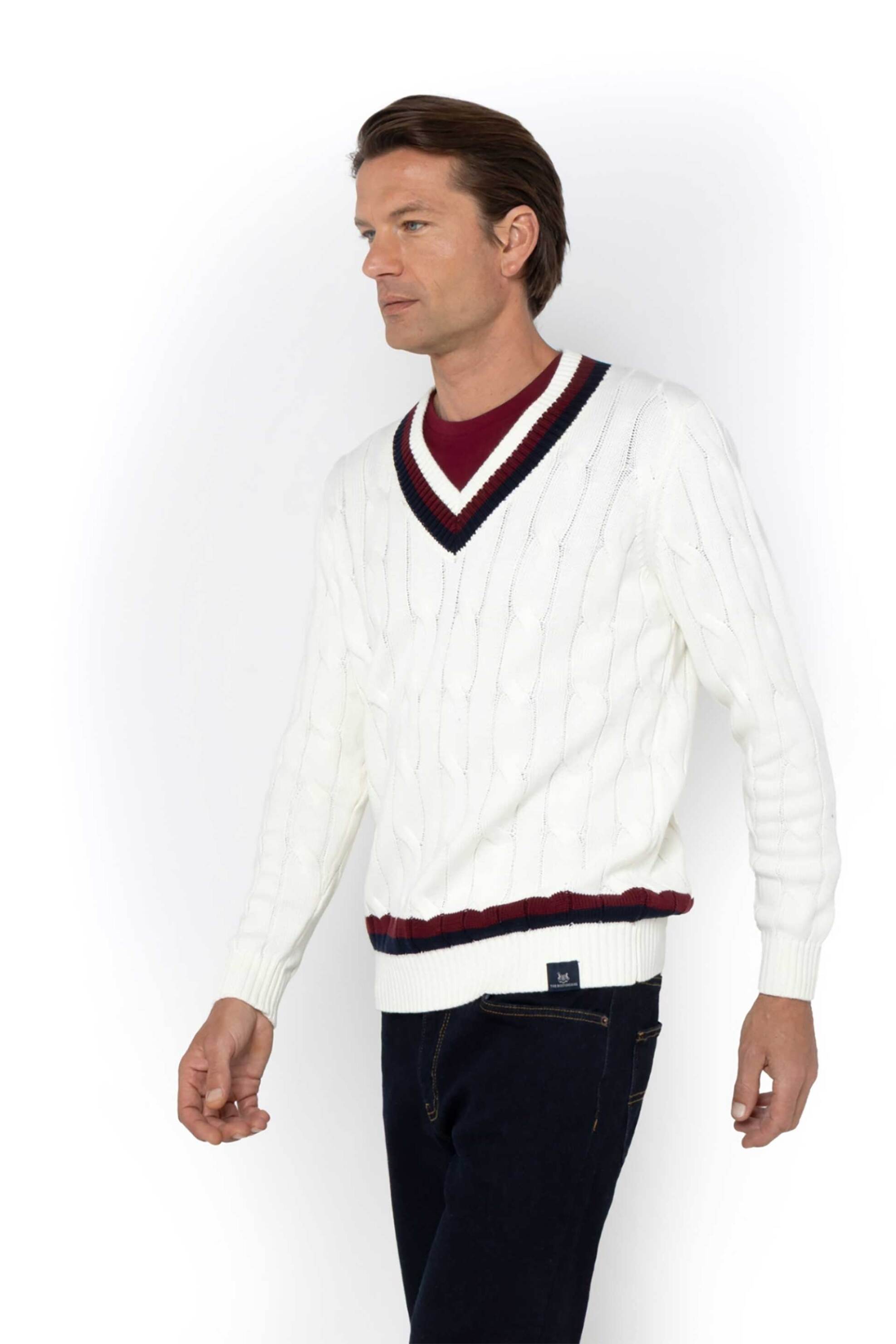 The Bostonians ανδρικό πουλόβερ με cable knit pattern και V Regular Fit - MV1014 Εκρού φωτογραφία