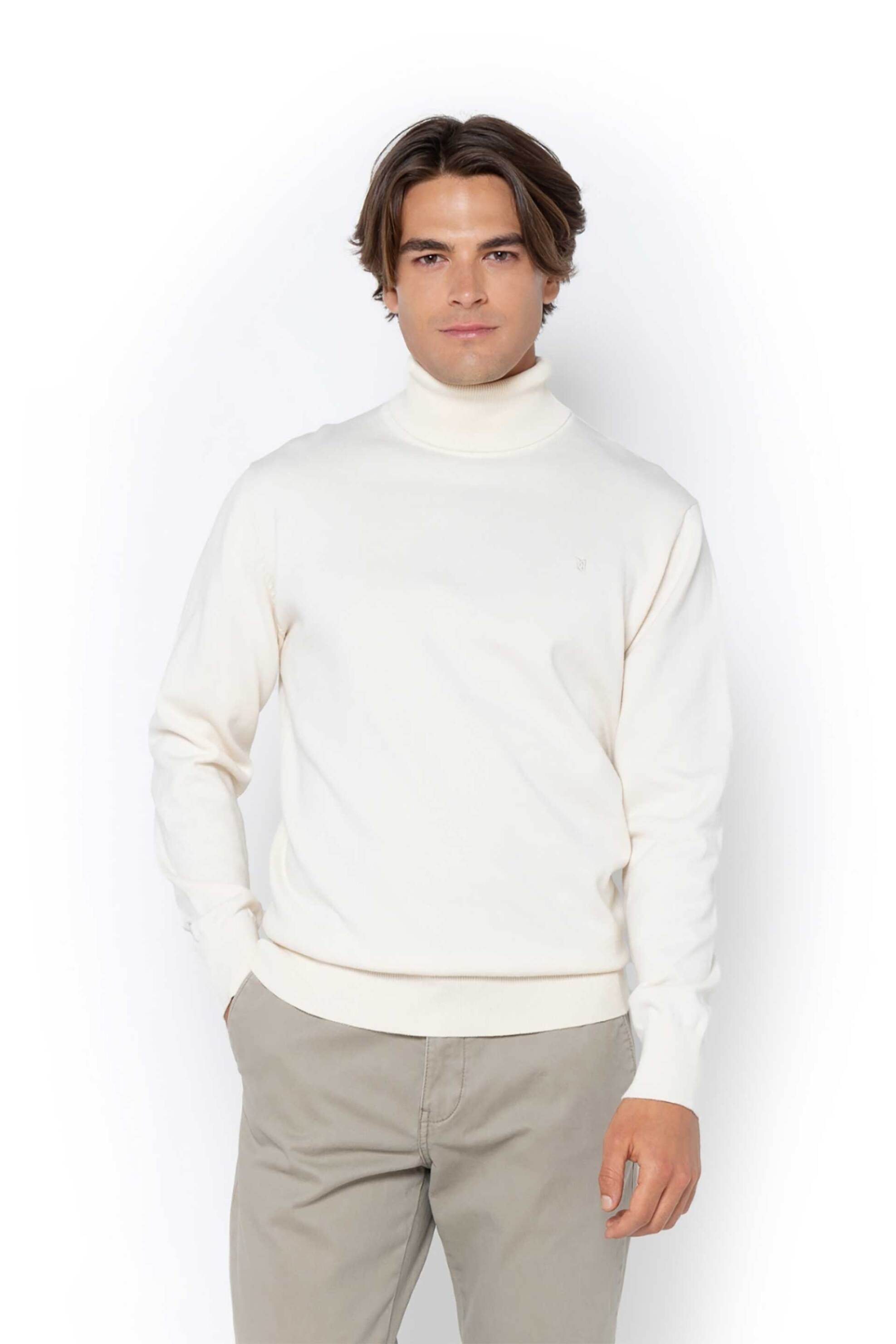 THE BOSTONIANS The Bostonians ανδρική πλεκτή μπλούζα ζιβάγκο με κασμίρι και κεντημένο λογότυπο Regular Fit - MZ1003 Εκρού