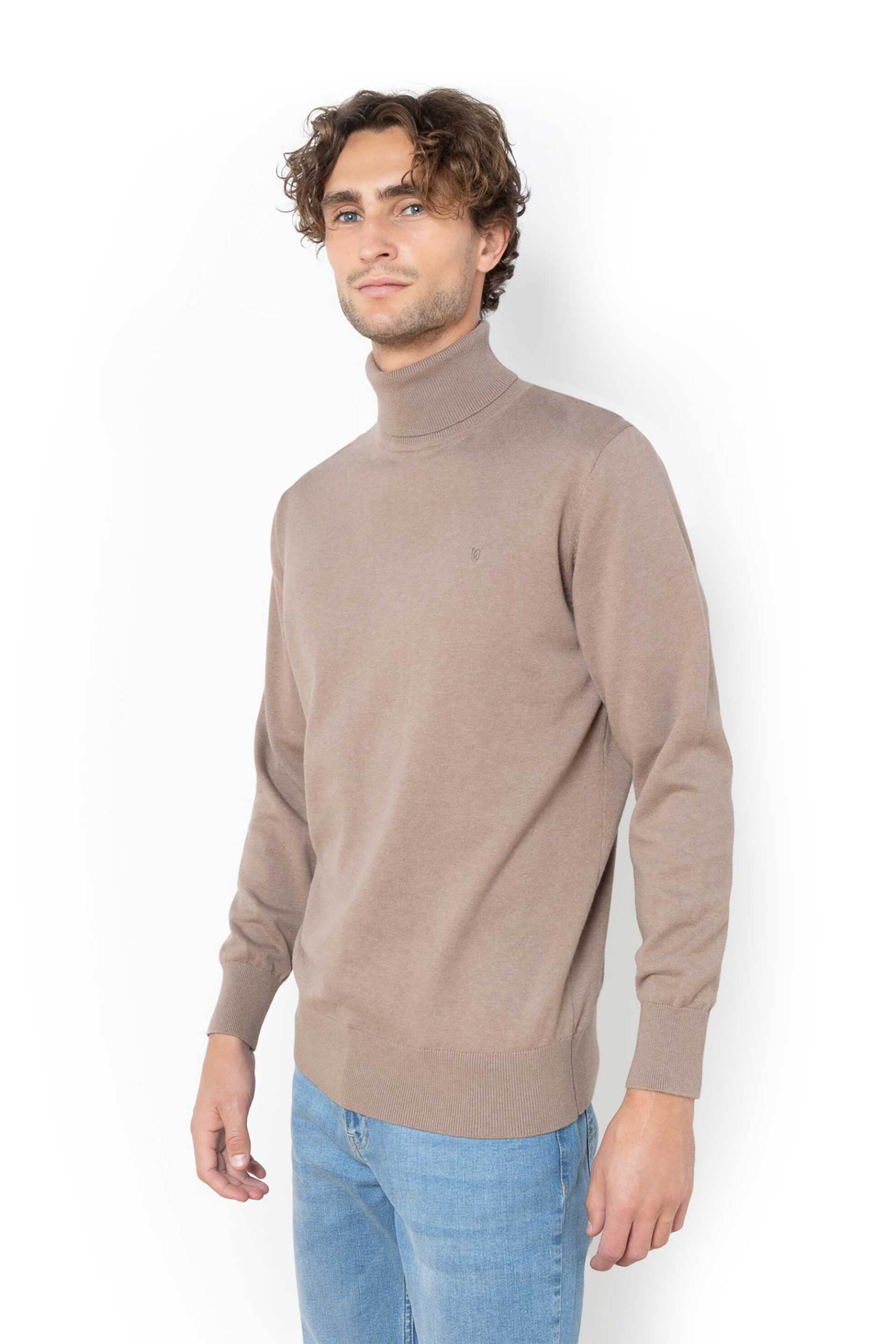 The Bostonians ανδρική πλεκτή μπλούζα ζιβάγκο με κασμίρι και κεντημένο λογότυπο Regular Fit - MZ1003 Μπεζ φωτογραφία