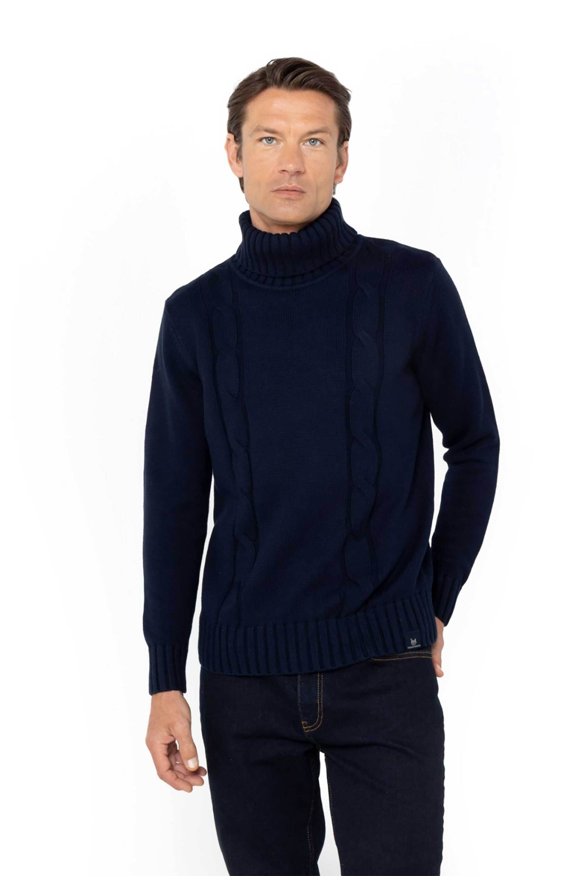 THE BOSTONIANS The Bostonians ανδρική πλεκτή μπλούζα ζιβάγκο με cable knit pattern Regular Fit - MZ1027 Μπλε Σκούρο
