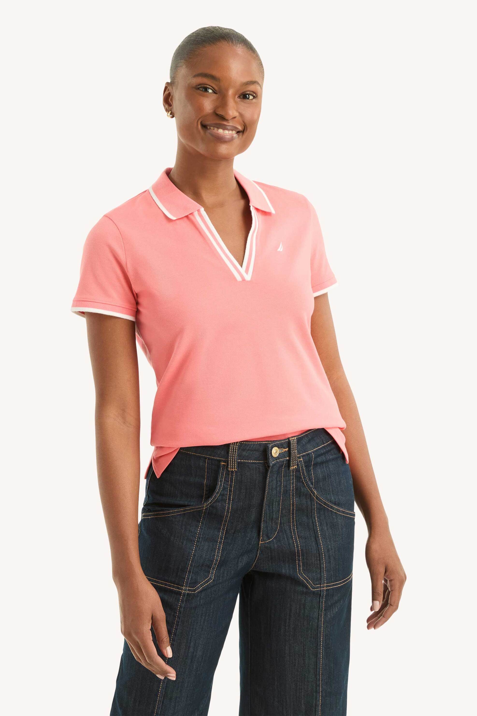 Nautica γυναικεία μπλούζα πόλο πικέ με κεντημένο λογότυπο Classic Fit - 15K133 Ροζ Salmon