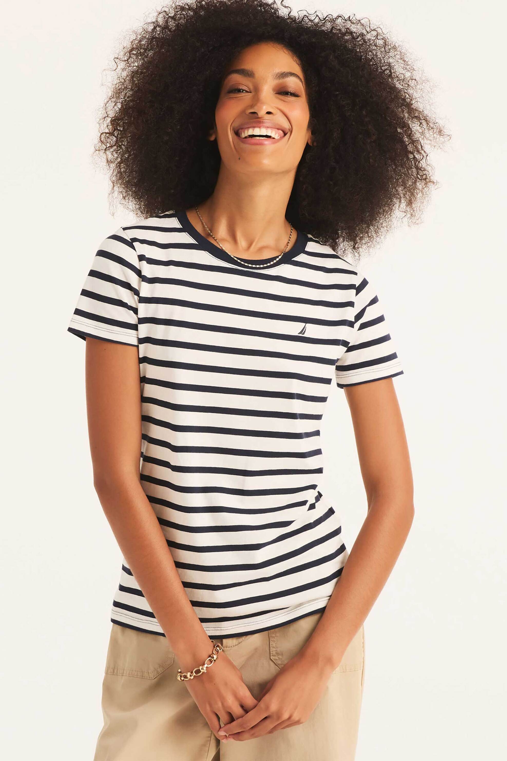 NAUTICA Nautica γυναικείο T-shirt με ριγέ σχέδιο και κεντημένο λογότυπο Classic Fit - 37V010 Λευκό