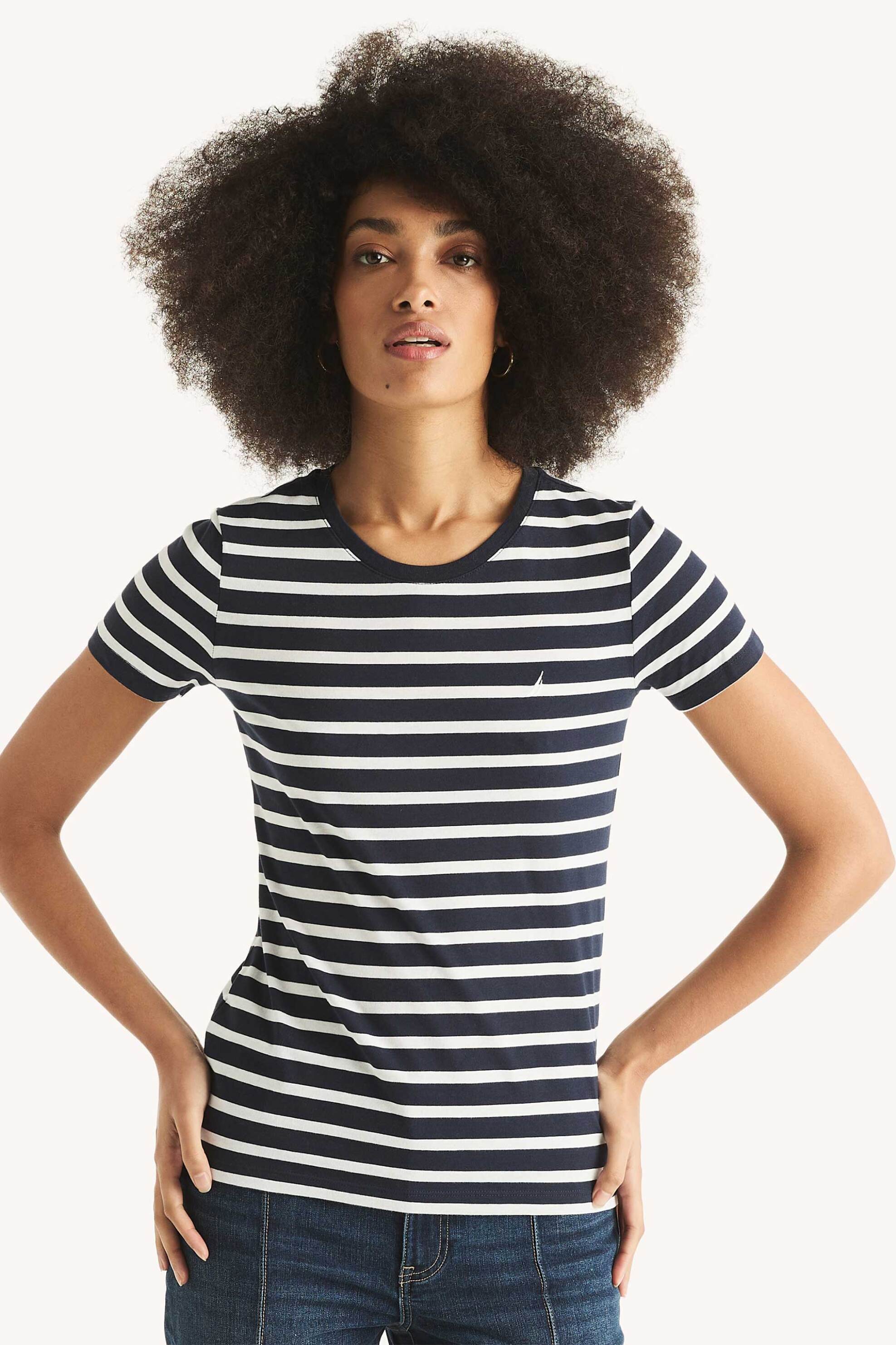 Nautica γυναικείο T-shirt με ριγέ σχέδιο και κεντημένο λογότυπο Classic Fit - 37V010 Μπλε Σκούρο