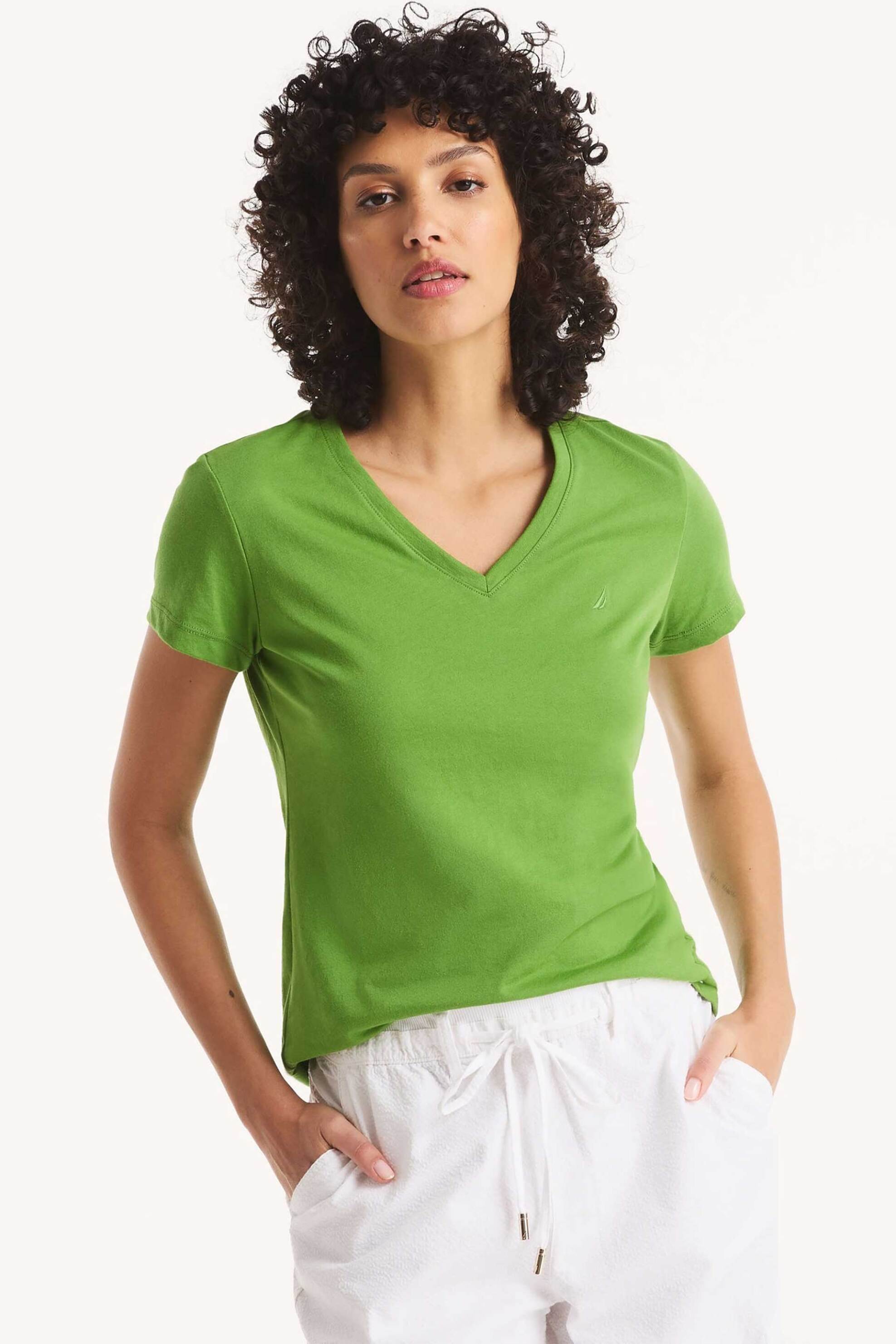 Nautica γυναικείο T-shirt με V λαιμόκοψη και κεντημένο λογότυπο Classic Fit - 37V015 Πράσινο